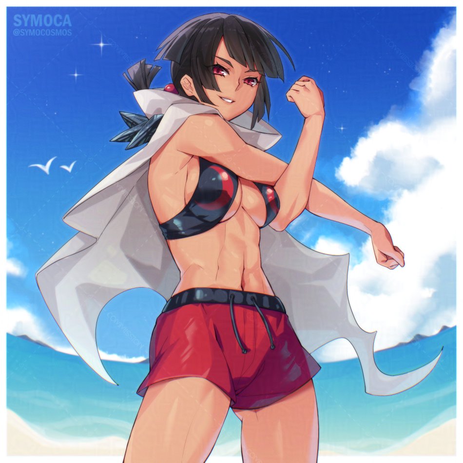 symoca, zinnia (pokemon), nintendo, pokemon, pokemon oras, 1girl, abs, beach, bird, black hair, blue sky, breasts, cape, cloak, cloud, dark-skinned female, dark skin, looking at viewer, male swimwear, muscular, ocean, open mouth, outdoors, ponytail, red eyes, short hair, short ponytail, shorts, sky, smile, solo, stretching, swim trunks, swimsuit, water