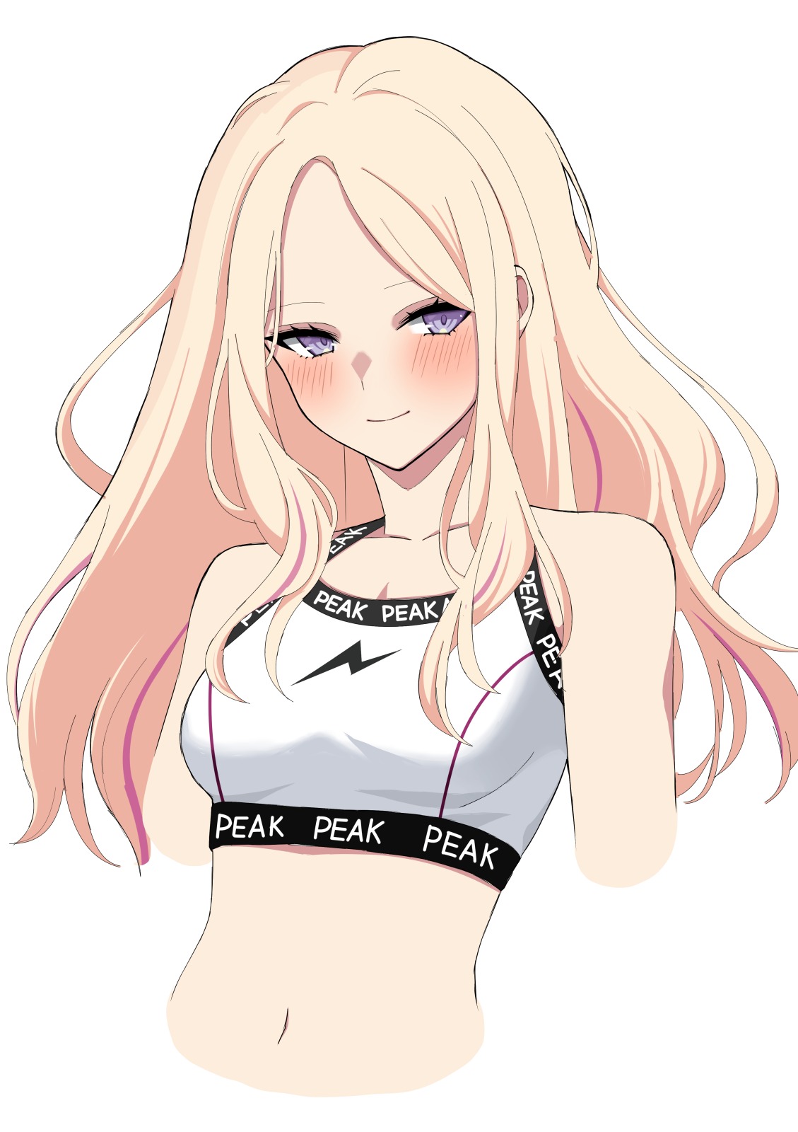 ryou (ryoutarou), juo sena, gakuen idolmaster, idolmaster, commentary request, highres, 1girl, blonde hair, blush, breasts, collarbone, cropped arms, cropped torso, long hair, medium breasts, multicolored hair, pink hair, purple eyes, simple background, smile, solo, sports bra, streaked hair, two-tone hair, upper body, white background, white sports bra
