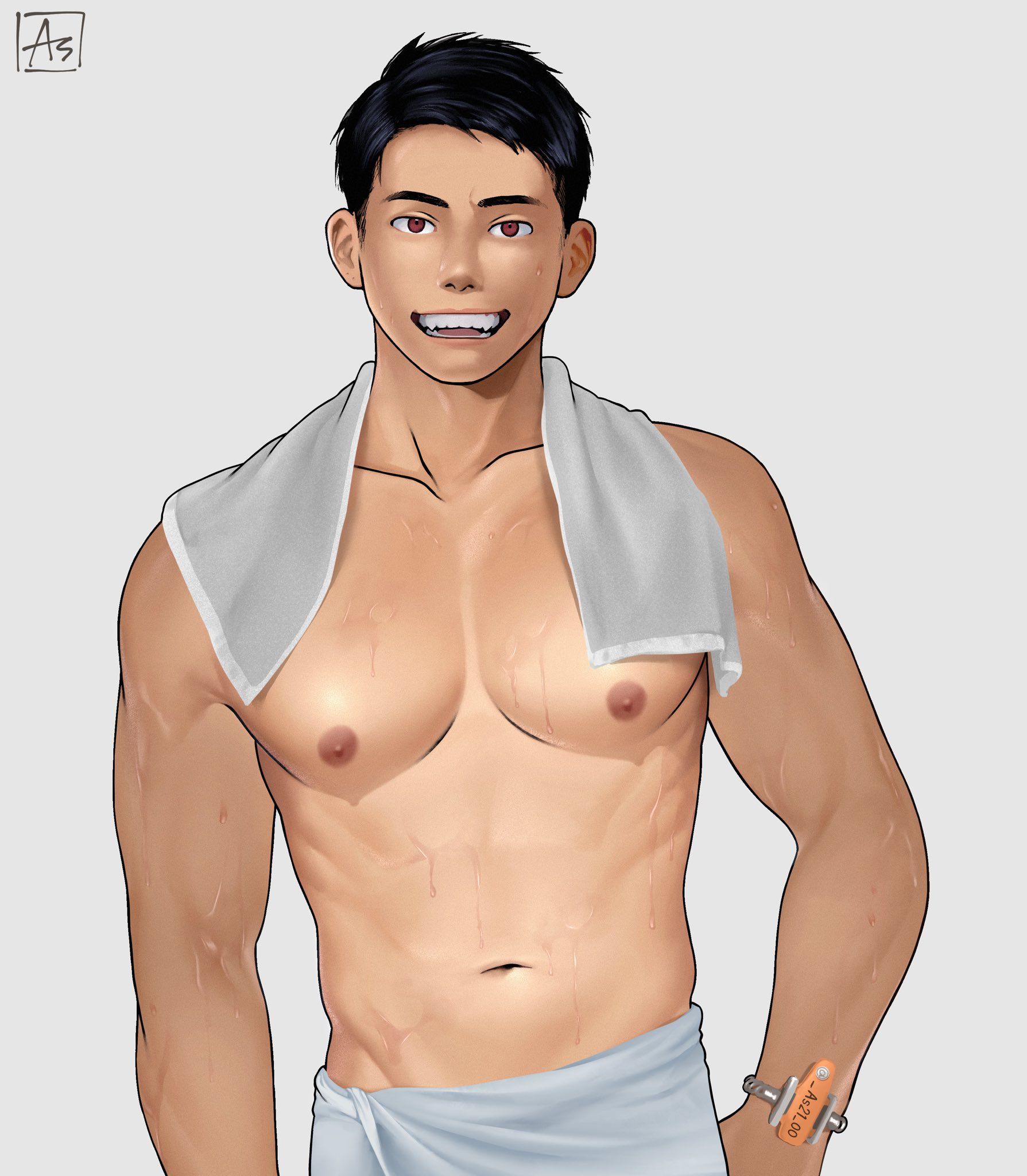 as (as21 00), original, highres, 1boy, artist logo, black hair, bracelet, jewelry, logo, male focus, muscular, muscular male, naked towel, navel, nipples, open mouth, red eyes, short hair, simple background, sweat, topless male, towel, towel around neck