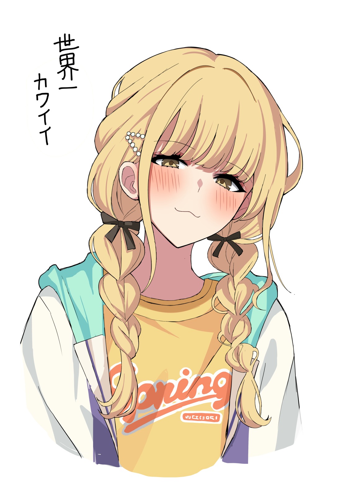 ryou (ryoutarou), fujita kotone, gakuen idolmaster, idolmaster, commentary request, highres, translation request, 1girl, :3, black bow, blonde hair, blush, bow, braid, cropped arms, cropped torso, hair bow, jacket, long hair, looking at viewer, multicolored jacket, shirt, solo, twin braids, upper body, yellow eyes, yellow shirt