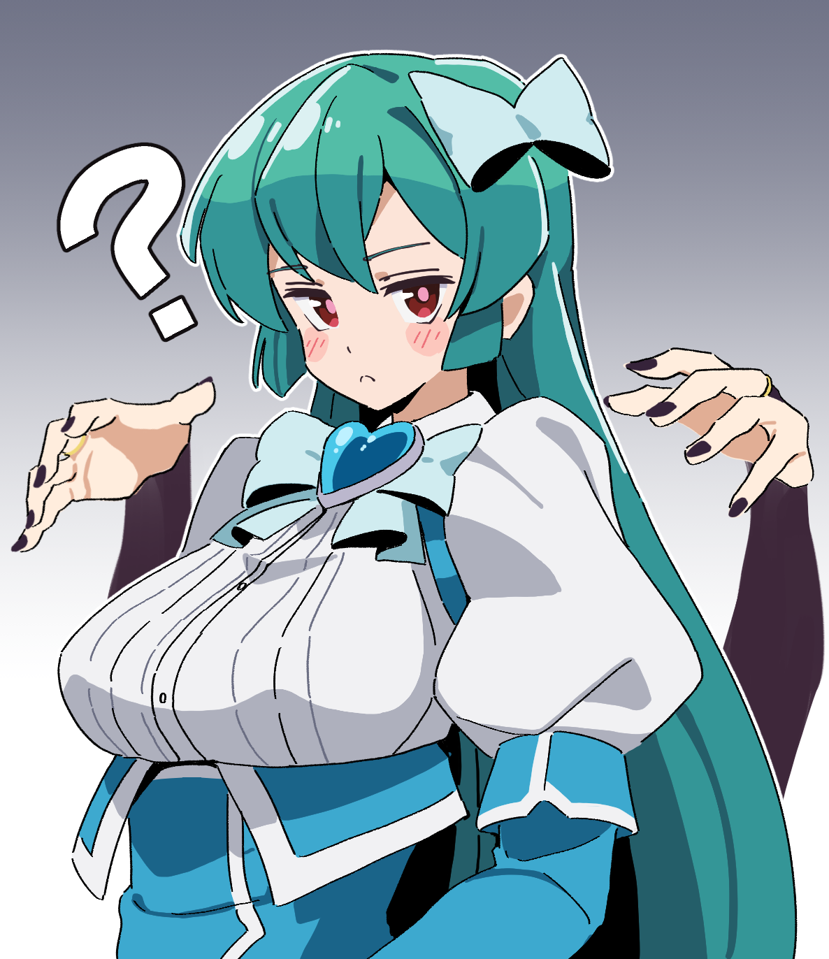 noyama takenoko, magia azure, magia baiser, mahou shoujo ni akogarete, highres, 2girls, ?, aqua bow, bat brooch, black nails, blue gloves, blush, bow, breasts, elbow gloves, gloves, green hair, hair bow, high-waist skirt, large breasts, long hair, long sleeves, magical girl, multiple girls, nail polish, red eyes, shirt, skirt, solo focus, white shirt