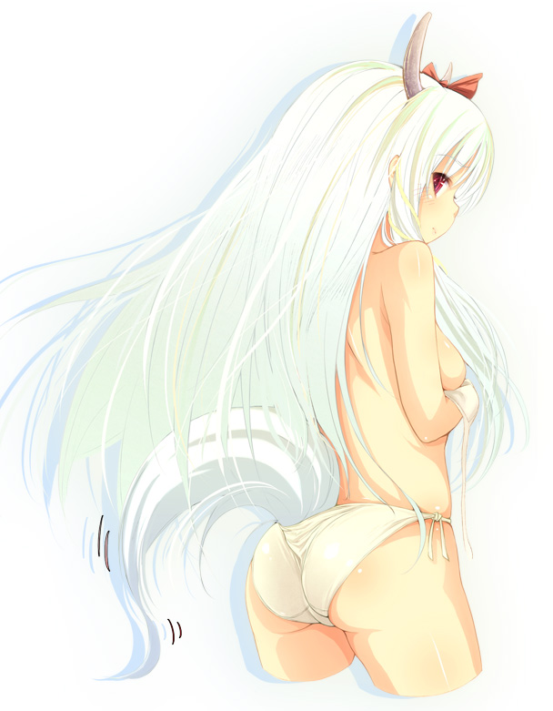 buriki, ex-keine, kamishirasawa keine, touhou, 1girl, ass, bikini, blush, bow, breasts, cropped legs, female focus, horn ornament, horn ribbon, horns, long hair, medium breasts, open clothes, red eyes, ribbon, side-tie bikini bottom, solo, swimsuit, tail, topless female, untied bikini, white bikini