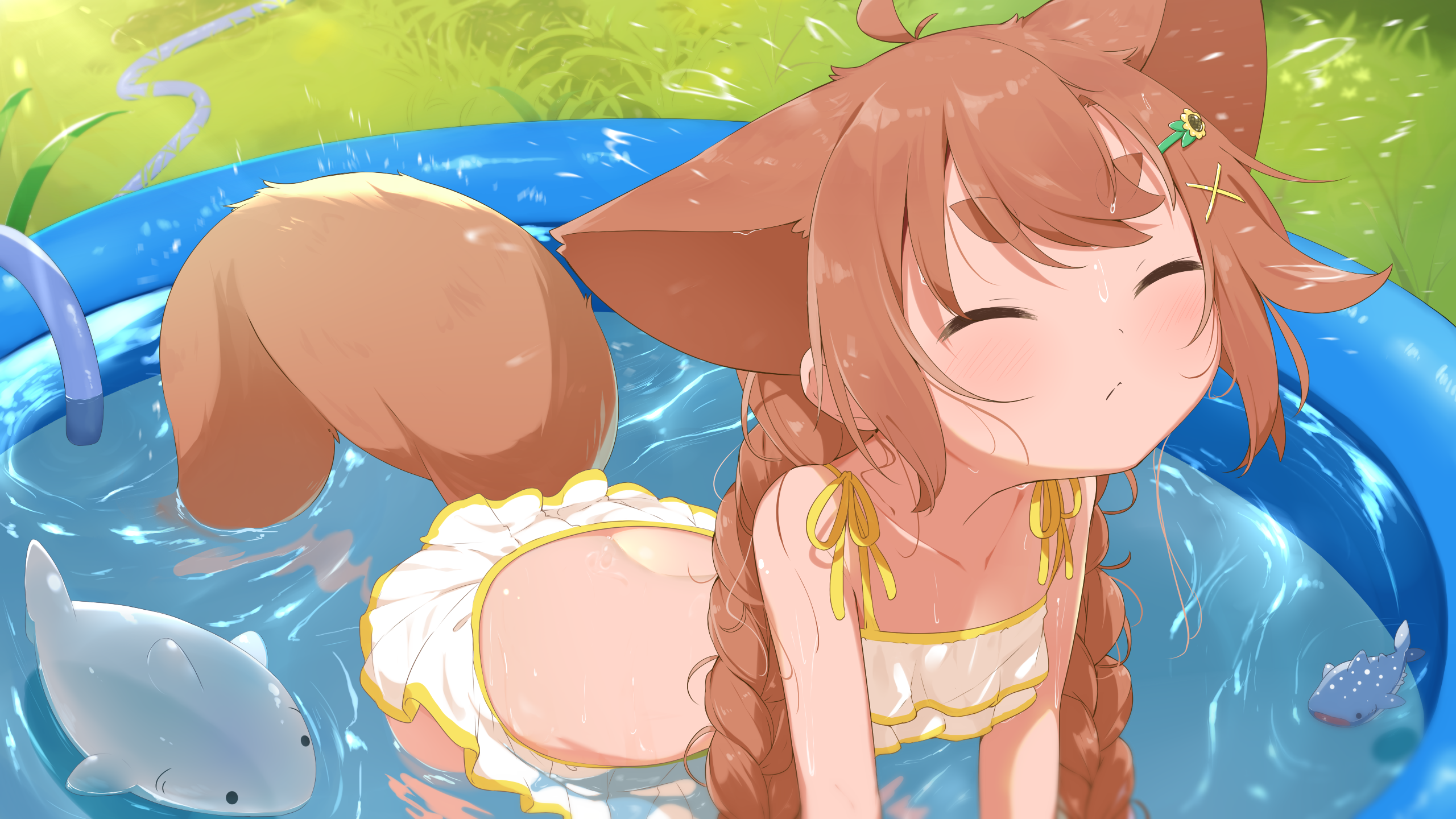 makuran, momiji (makuran), original, commentary request, highres, 1girl, ahoge, animal ears, bikini, braid, brown hair, closed eyes, hair ornament, long hair, outdoors, solo, swimsuit, tail, thick eyebrows, twin braids, wading pool, water, white bikini