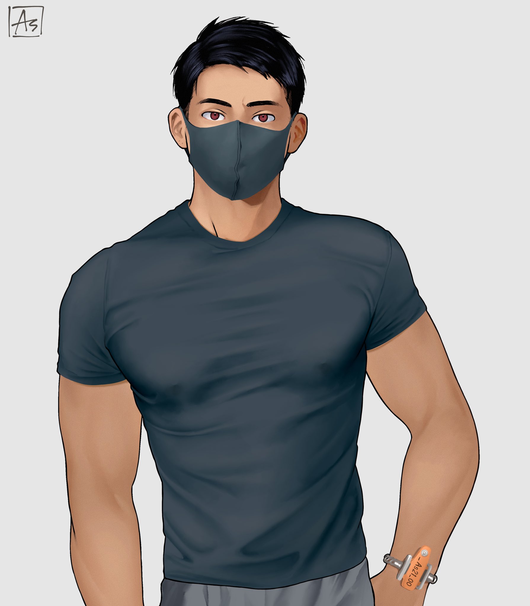 as (as21 00), original, highres, 1boy, artist logo, black hair, black mask, black shirt, bracelet, covered erect nipples, grey pants, jewelry, logo, pants, red eyes, shirt, short hair, simple background