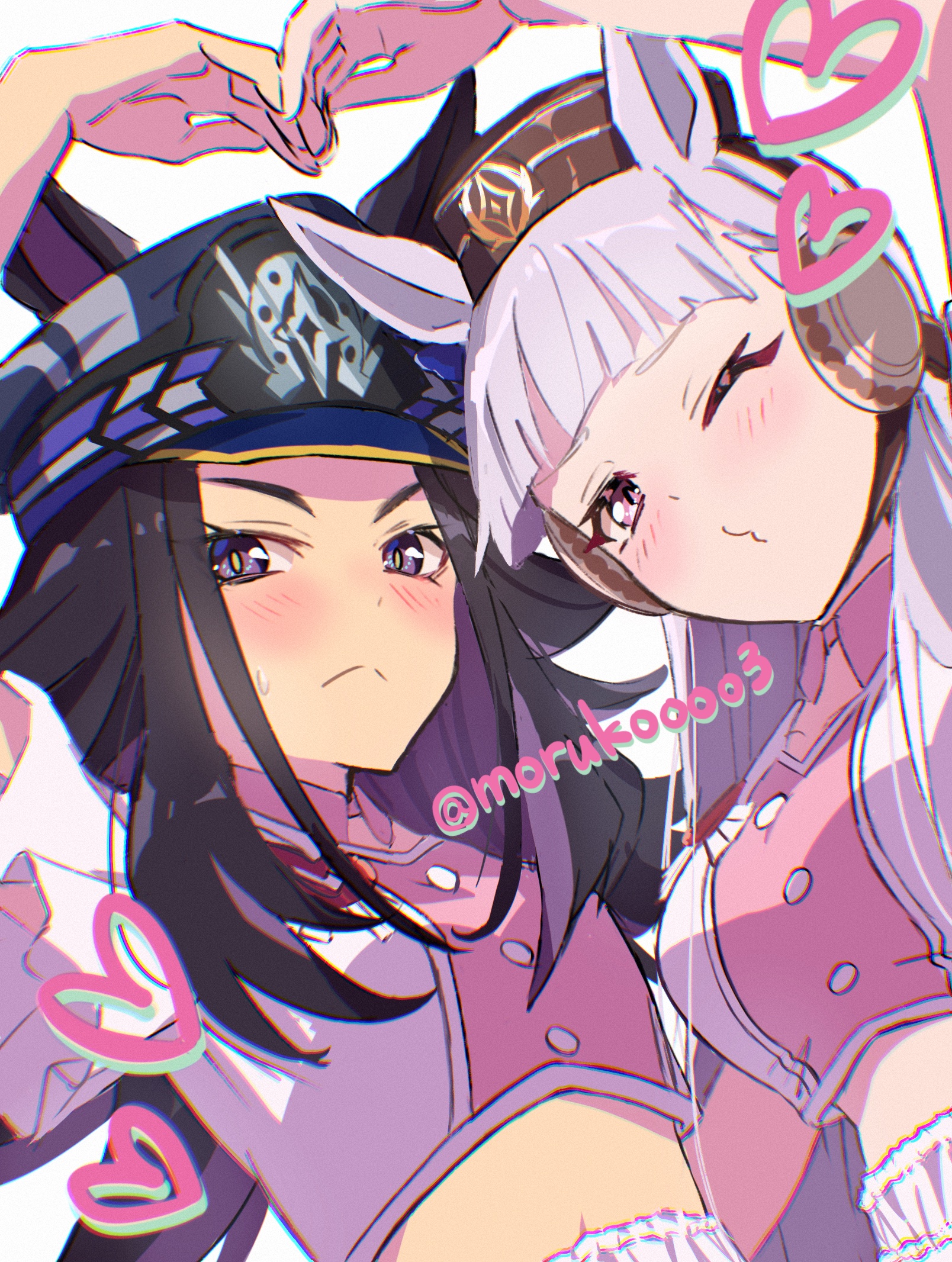 82hanico, fenomeno (umamusume), gold ship (umamusume), umamusume, highres, 2girls, animal ears, black hair, blunt bangs, blush, breasts, brown hat, closed mouth, detached collar, ears through headwear, flipped hair, grey hair, hat, heart, horse ears, horse girl, horseshoe hat ornament, horseshoe ornament, long hair, looking at viewer, midriff, multicolored hair, multiple girls, navel, one eye closed, peaked cap, pillbox hat, pink shirt, pink skirt, puckered lips, purple eyes, purple hair, shirt, simple background, skirt, upper body