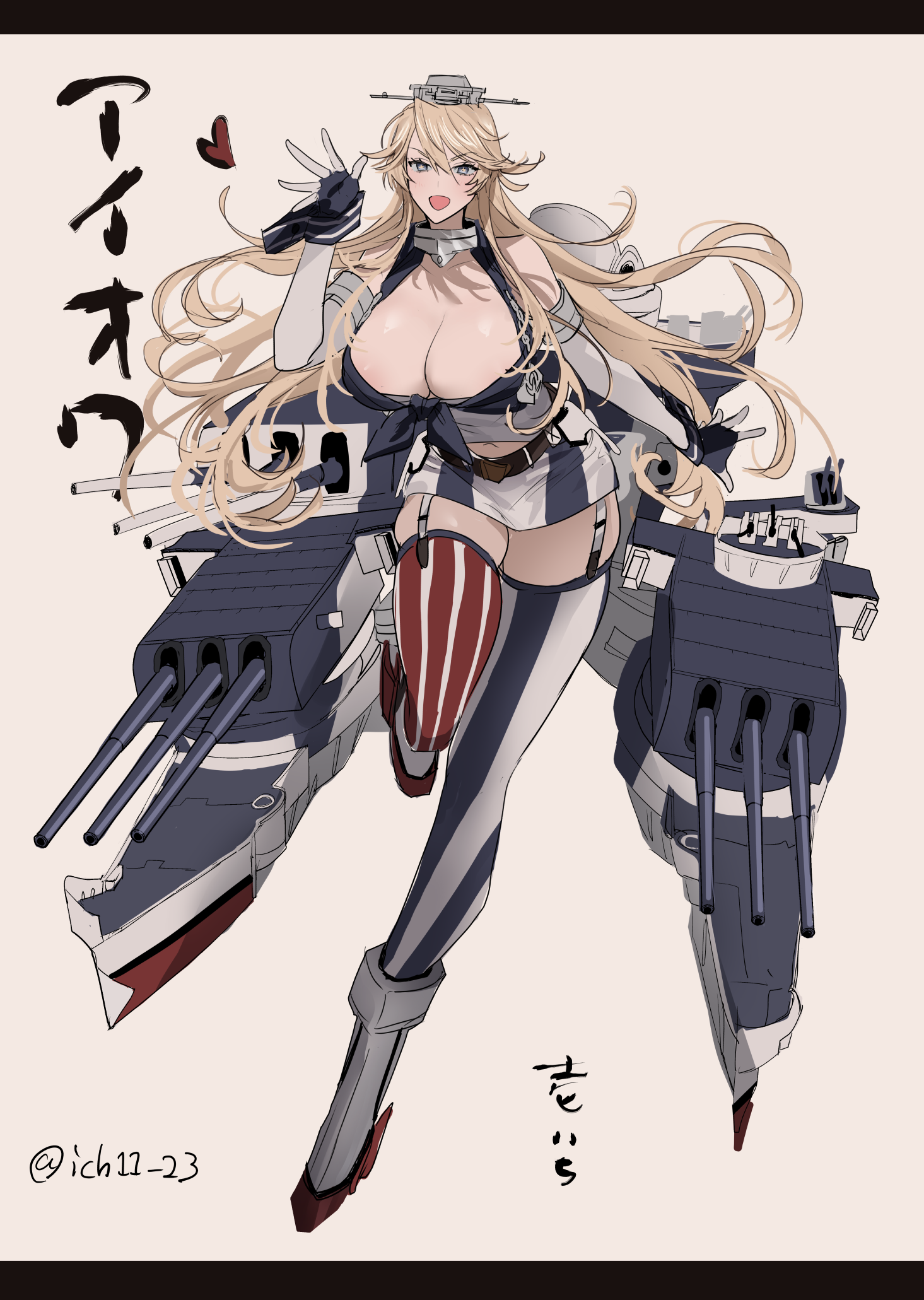ichimonme (ichi), iowa (kancolle), kantai collection, commentary request, highres, 1girl, american flag, american flag legwear, american flag print, artist name, asymmetrical legwear, blonde hair, blue eyes, breasts, cleavage, elbow gloves, fingerless gloves, flag print, front-tie top, garter straps, gloves, hair between eyes, headgear, heart, large breasts, long hair, looking at viewer, mismatched legwear, open mouth, rigging, skirt, smile, solo, star-shaped pupils, star (symbol), striped clothes, striped skirt, striped thighhighs, symbol-shaped pupils, thighhighs, twitter username, vertical-striped clothes, vertical-striped skirt, vertical-striped thighhighs