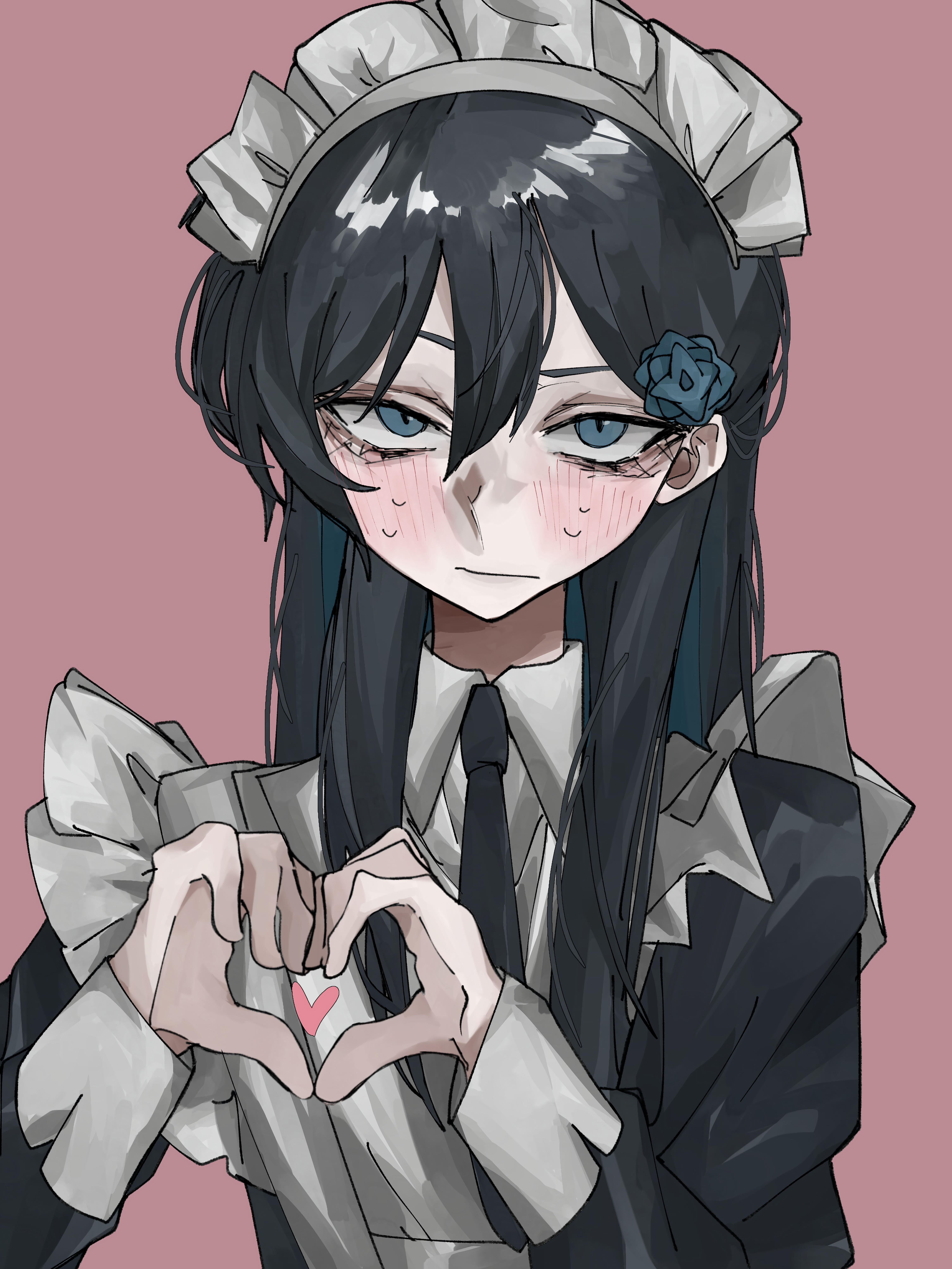 chando (ado), ado (utaite), absurdres, commentary, highres, 1girl, 7z32z, aegyo sal, blue eyes, blue hair, blush, closed mouth, colored inner hair, hair between eyes, heart, heart hands, heart in heart hands, long hair, long sleeves, maid, maid headdress, multicolored hair, nervous sweating, simple background, solo, sweat, upper body, utaite