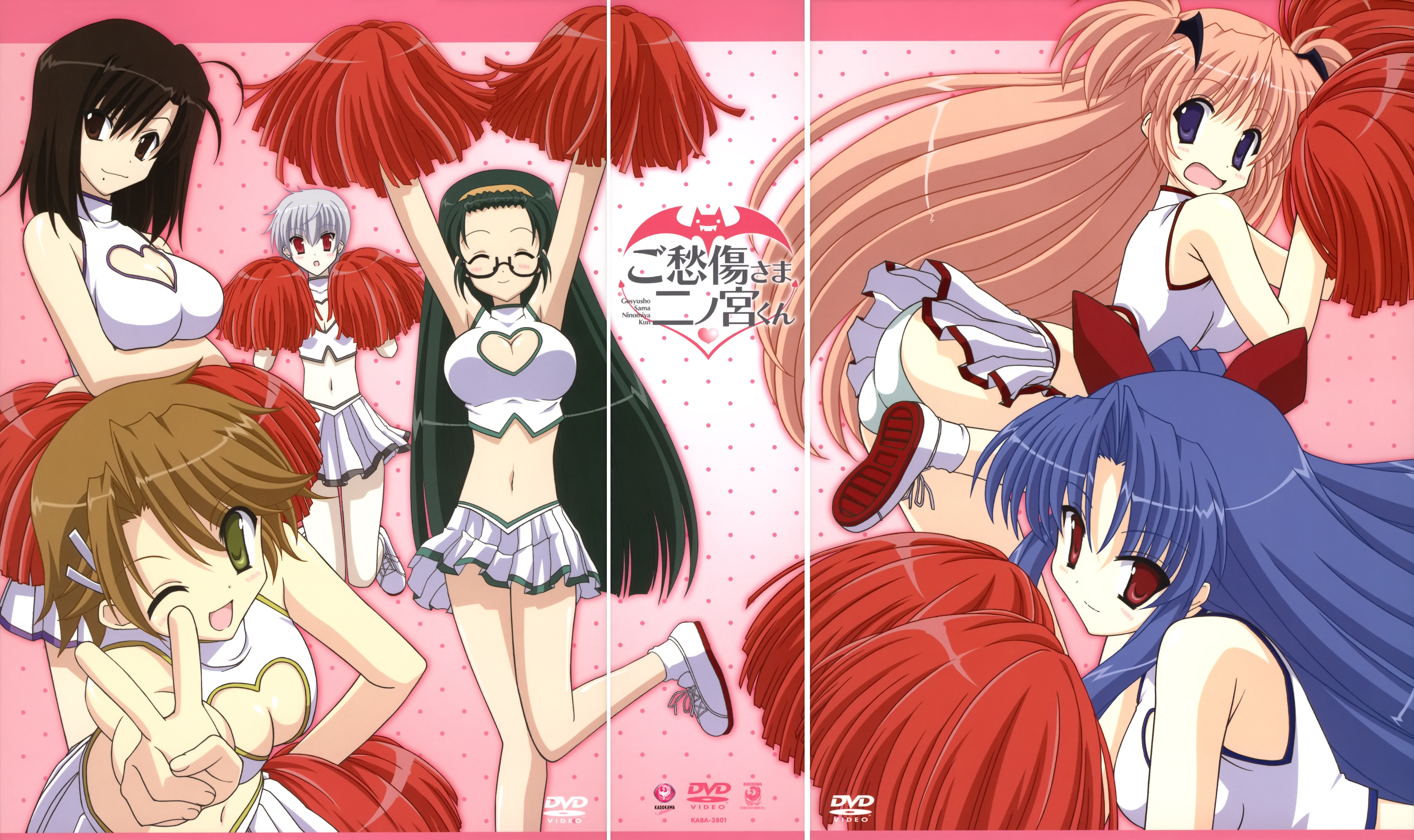 ayakawa hinako, houjou reika, kirishima shinobu, ninomiya ryouko, okushiro irori, tsukimura mayu, goshuushou-sama ninomiya-kun, absurdres, highres, 00s, 6+girls, blue hair, bow, breasts, brown hair, cheerleader, cleavage, cleavage cutout, clothing cutout, glasses, hair bow, heart, heart cutout, midriff, multiple girls, one eye closed, panties, pom pom (cheerleading), skirt, underwear, wink