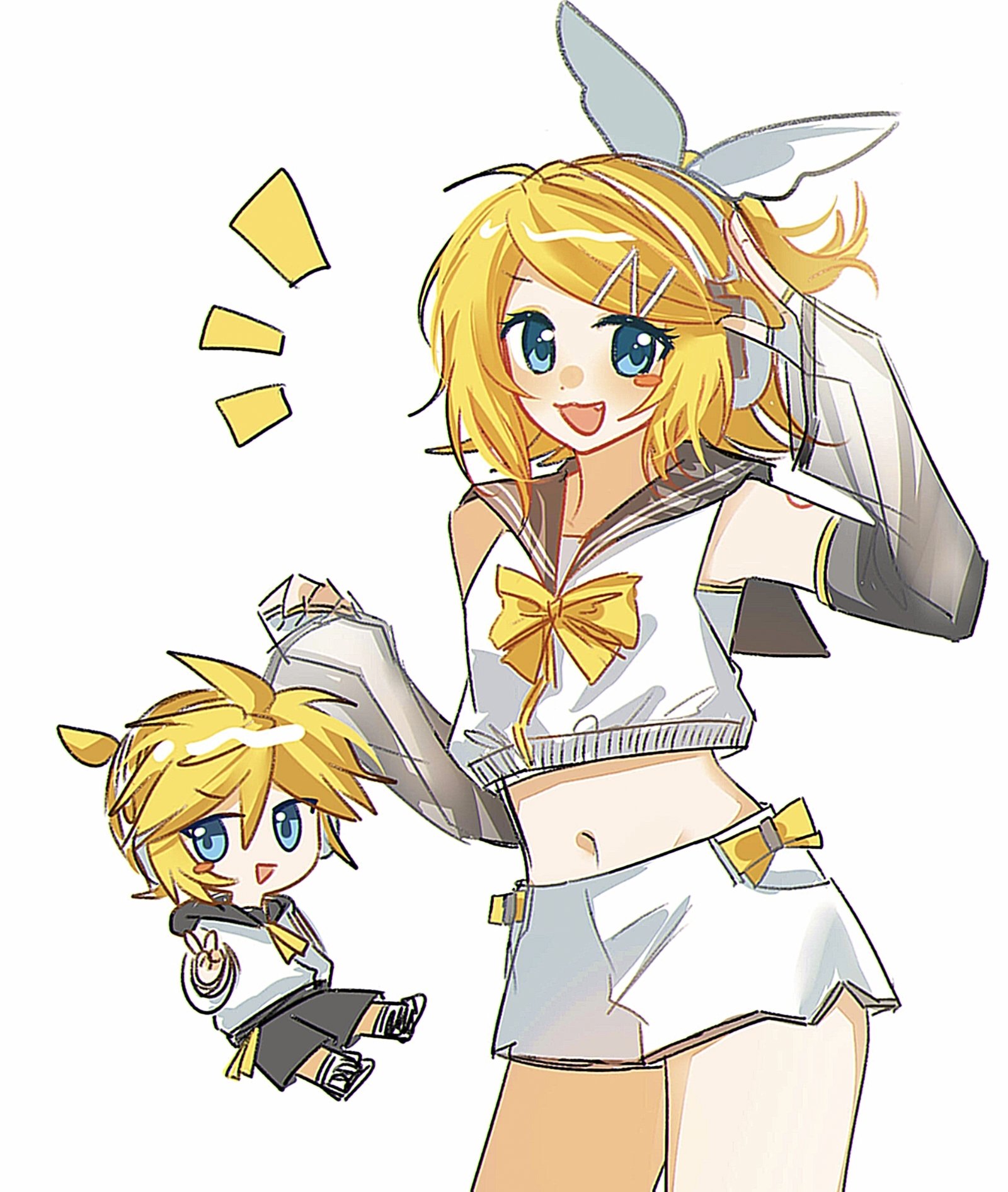 blueberry hedy, kagamine len, kagamine rin, piapro studio, vocaloid, highres, 1boy, 1girl, :d, bare shoulders, black sailor collar, black shorts, blonde hair, blue eyes, bow, bowtie, chibi, chibi inset, cowboy shot, crop top, detached sleeves, fang, hair bow, hair ornament, hairclip, hand up, headphones, hood, kagamine len (nt), kagamine rin (nt), looking at viewer, midriff, navel, notice lines, open mouth, ponytail, sailor collar, see-through clothes, see-through sleeves, shirt, short hair, short ponytail, short shorts, shorts, simple background, sleeveless, sleeveless shirt, smile, v, white background, white bow, white shirt, white shorts, yellow bow, yellow bowtie