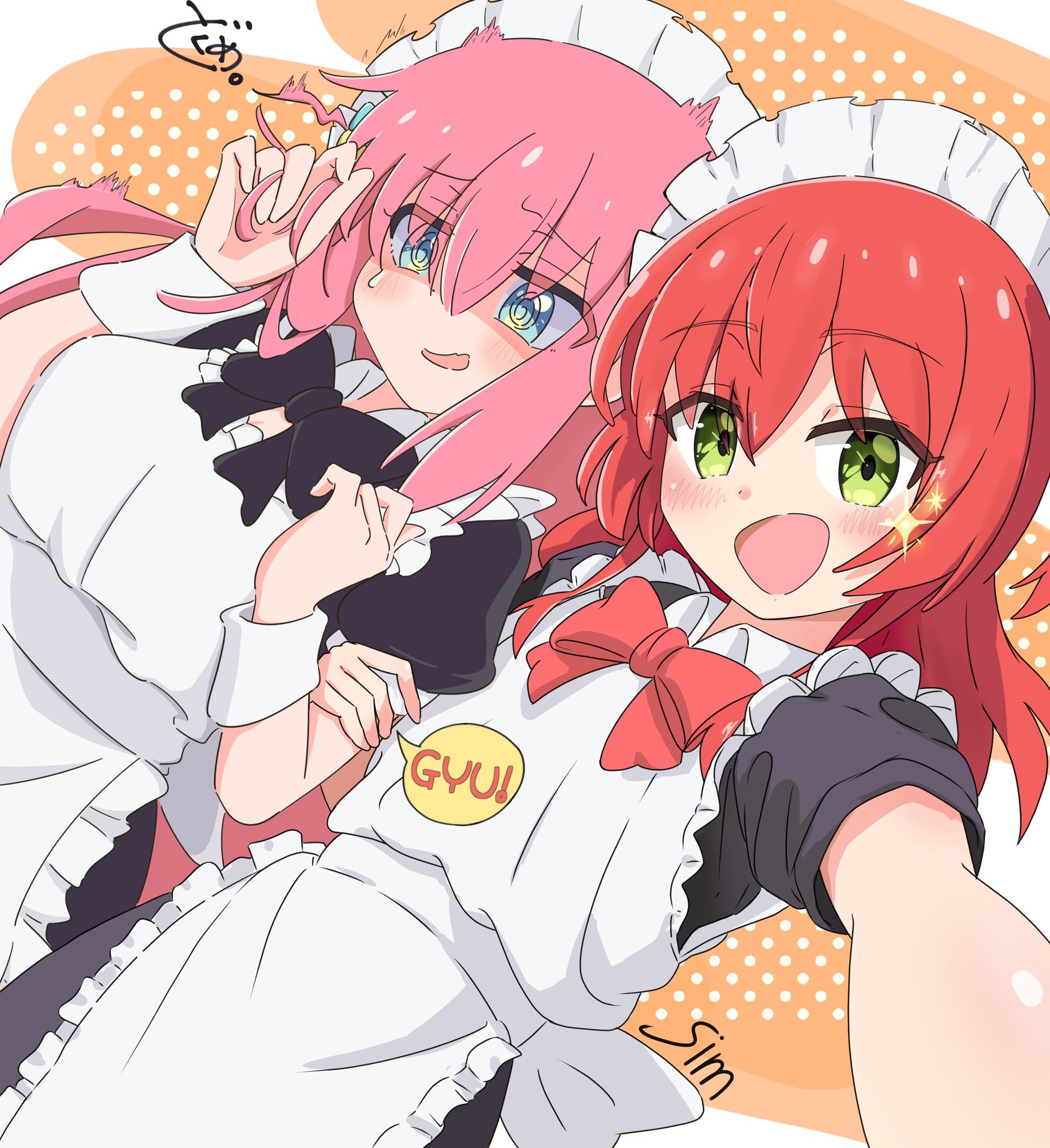 gotoh hitori, kita ikuyo, bocchi the rock!, highres, 2girls, @ @, apron, armband, artist name, black bow, black bowtie, blue eyes, blush, bow, bowtie, cube hair ornament, dokusai 113, english text, hair ornament, locked arms, long hair, looking at viewer, maid, maid apron, maid headdress, multiple girls, nervous smile, open mouth, orange background, pink hair, polka dot, polka dot background, red bow, red bowtie, red hair, selfie, side ahoge, side ponytail, signature, simple background, smile, sparkle, sweatdrop, two-tone background, white armband, white background, yellow eyes, yuri