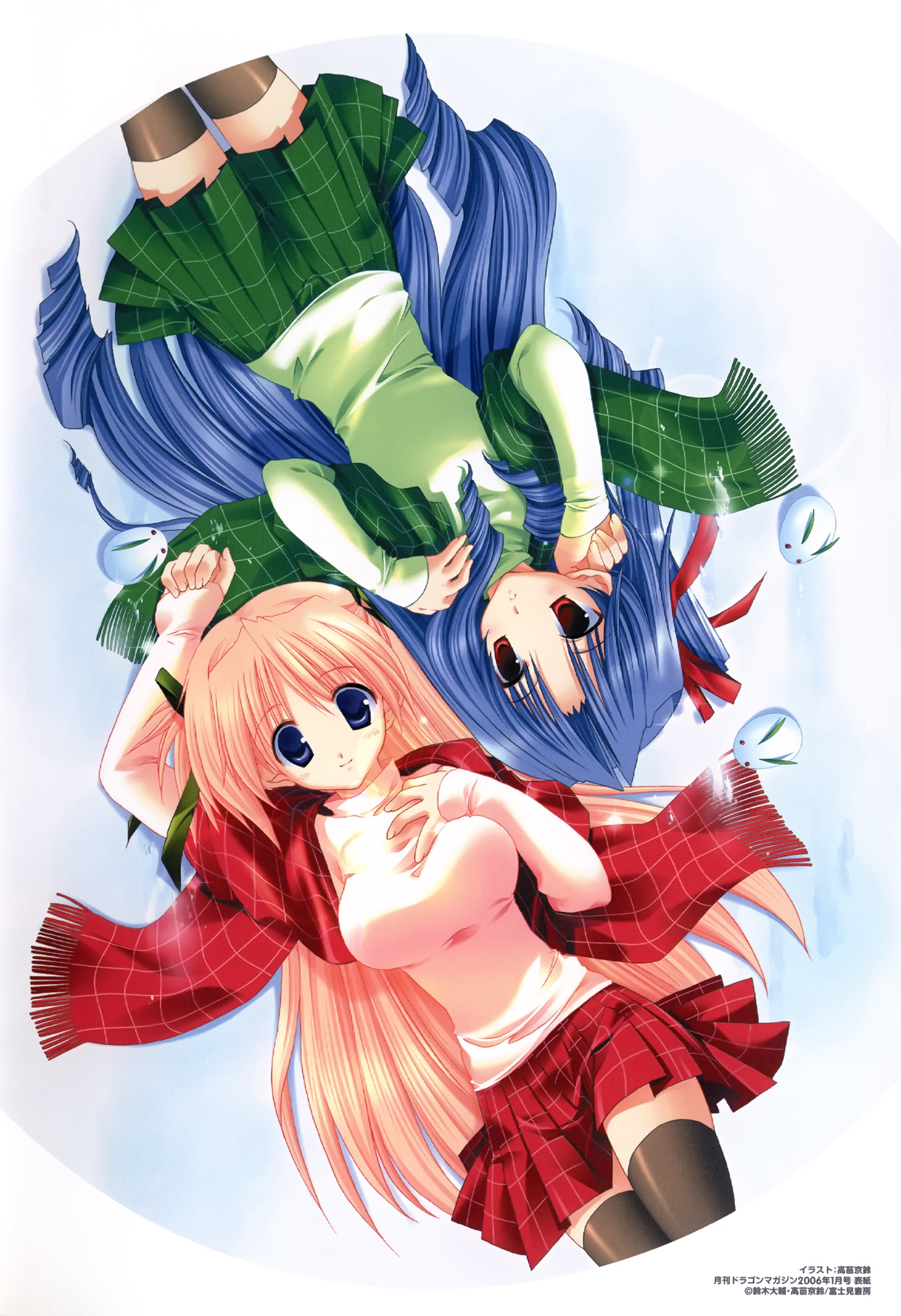 takanae kyourin, houjou reika, tsukimura mayu, goshuushou-sama ninomiya-kun, black legwear, highres, scan, 00s, 2006, 2girls, blue eyes, blue hair, breasts, drill hair, fringe trim, from above, green scarf, hair ribbon, hand on own chest, long hair, looking at viewer, lying, medium breasts, miniskirt, multiple girls, on back, parted bangs, plaid clothes, plaid scarf, plaid skirt, red eyes, red scarf, ribbon, scarf, skirt, snow, snow rabbit, thighhighs, very long hair, zettai ryouiki