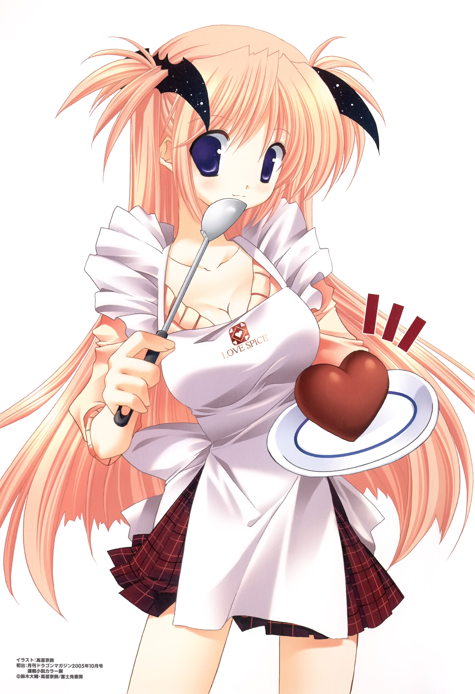 takanae kyourin, tsukimura mayu, goshuushou-sama ninomiya-kun, highres, scan, 00s, 1girl, 2005, :3, apron, bat hair ornament, blue eyes, blush, breasts, cleavage, cowboy shot, female focus, hair ornament, heart, ladle, large breasts, miniskirt, plaid clothes, plaid skirt, plate, pleated skirt, simple background, skirt, solo, sweater, two side up, white background