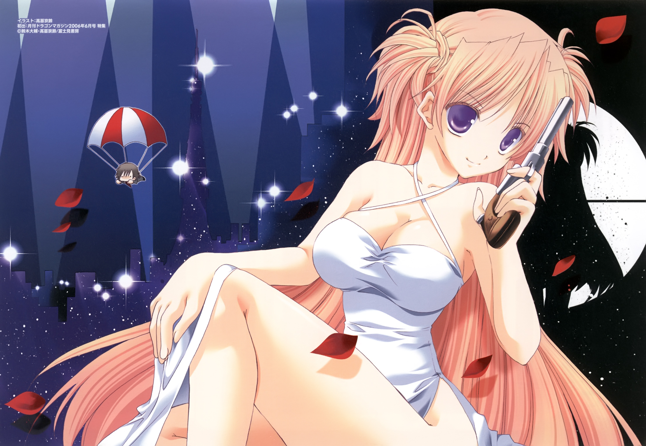 takanae kyourin, tsukimura mayu, goshuushou-sama ninomiya-kun, highres, 1girl, blue eyes, breasts, cleavage, female focus, gun, handgun, large breasts, long hair, no panties, parachute, parody, purple eyes, revolver, smile, solo, very long hair, weapon