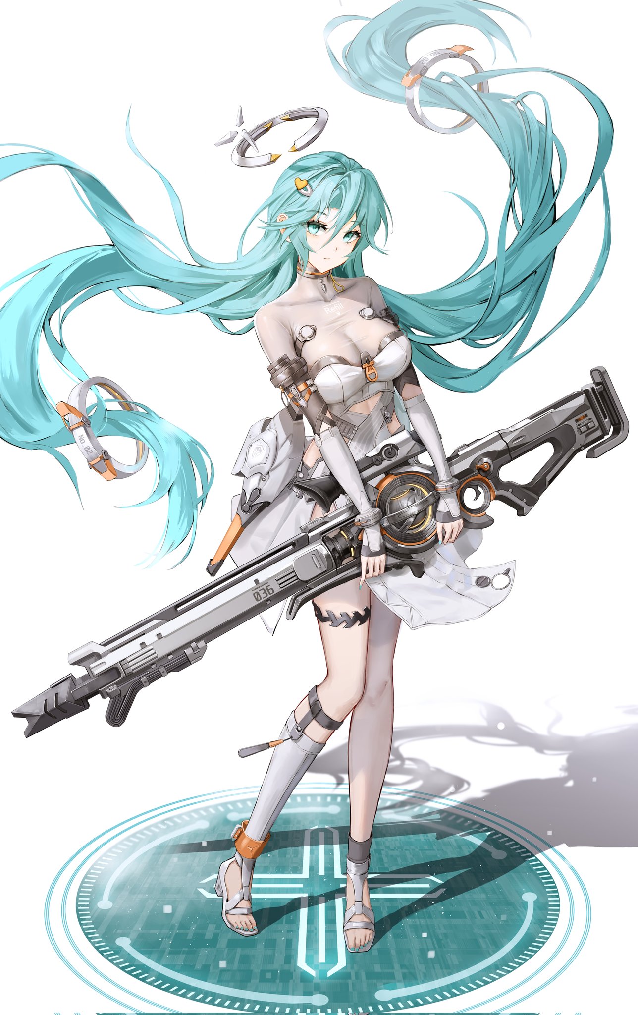 yuzuriha (atelier liang), fate trigger: the novita, highres, 1girl, camille (trigger of fate the novita), dress, green eyes, green hair, gun, hair ornament, holding, holding gun, holding weapon, long hair, looking at viewer, simple background, weapon, white background