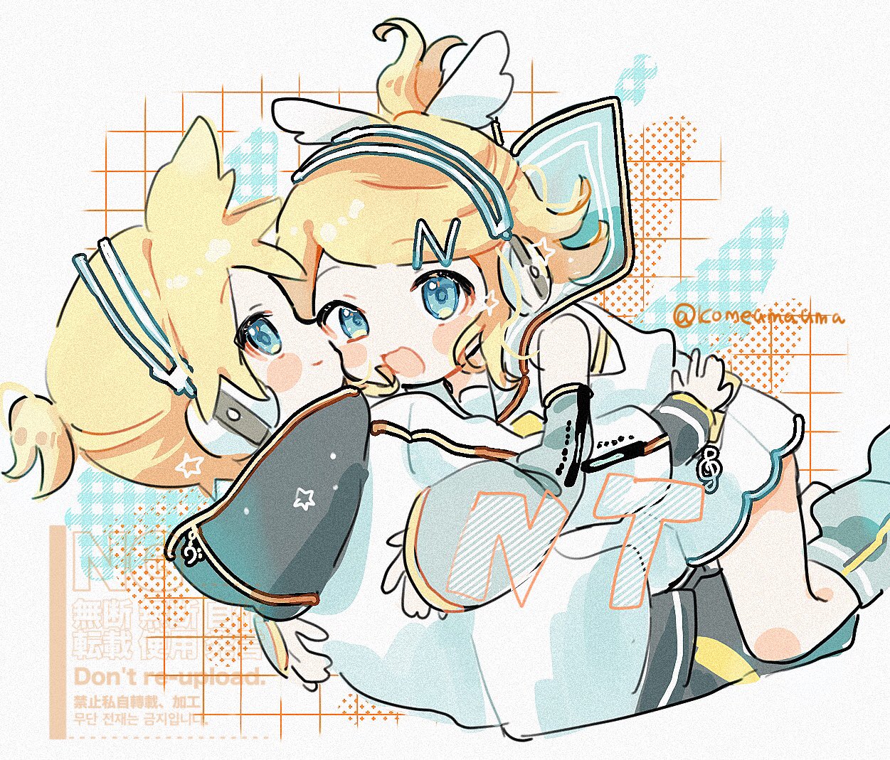 dousanmai, kagamine len, kagamine rin, piapro studio, vocaloid, 1boy, 1girl, bare shoulders, black sailor collar, black shorts, blonde hair, blue eyes, blush stickers, bow, detached sleeves, grey sleeves, grid background, hair bow, hair ornament, hairclip, headphones, headset, hug, kagamine len (nt), kagamine rin (nt), leg warmers, looking at viewer, open mouth, ponytail, sailor collar, see-through clothes, see-through sleeves, shirt, short hair, short ponytail, shorts, sleeveless, sleeveless shirt, smile, spiked hair, star (symbol), swept bangs, twitter username, white bow, white shirt, wing hair ornament, wings