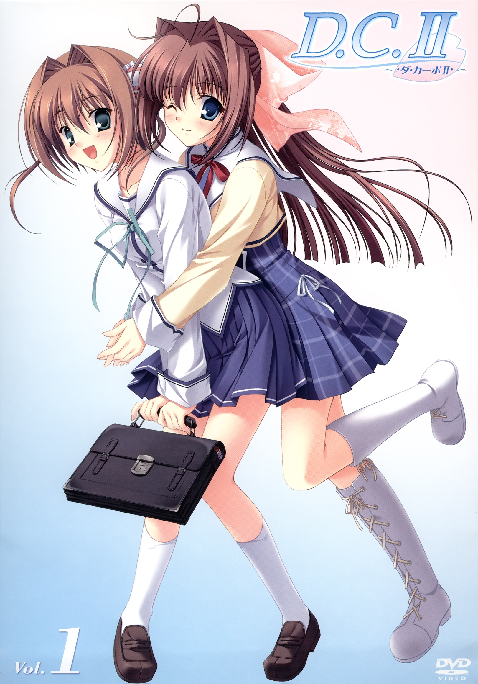 kayura yuka, tanihara natsuki, asakura otome, asakura yume, da capo, da capo ii, highres, 00s, 2girls, blue eyes, blush, boots, bow, brown hair, hair bow, multiple girls, one eye closed, school uniform, serafuku, wink