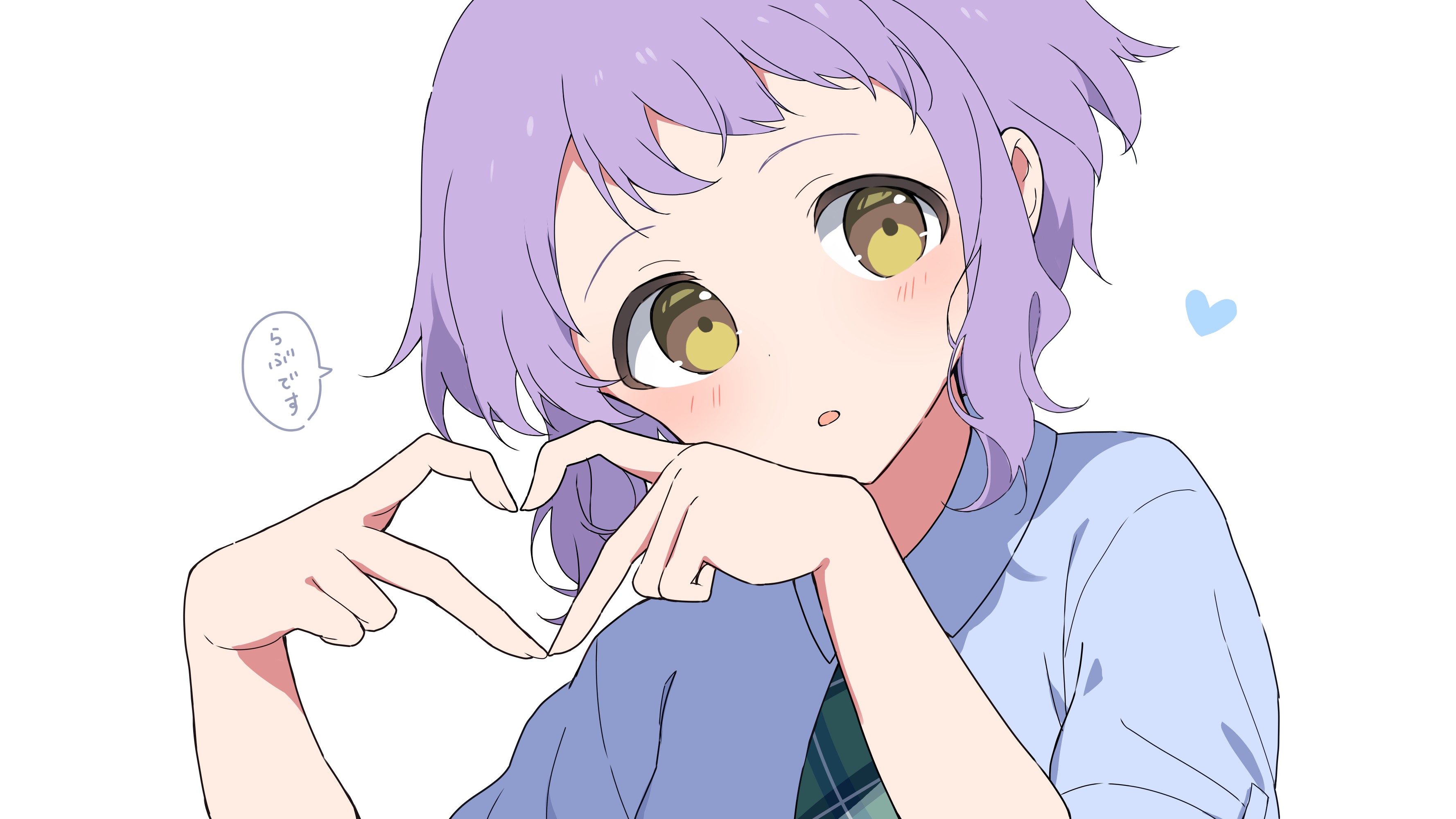 mochigome (ununquadium), makabe mizuki, idolmaster, idolmaster million live!, absurdres, commentary request, highres, translation request, 1girl, :o, blue shirt, blush, four-finger heart hands, green necktie, heart, heart hands, looking at viewer, necktie, purple hair, shirt, simple background, solo, speech bubble, upper body, white background, yellow eyes