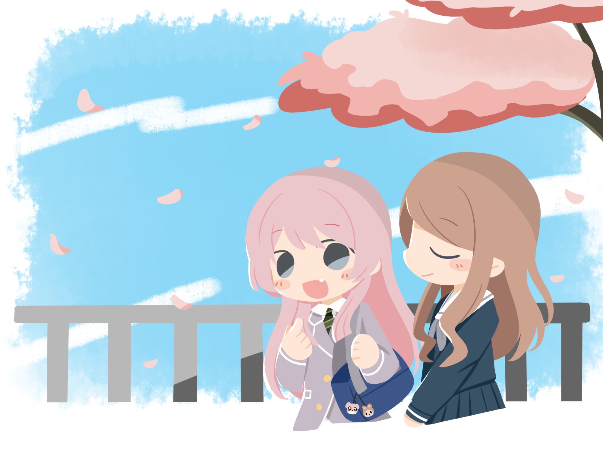 kino (kino01xyz), chihaya anon, nagasaki soyo, bang dream!, bang dream! it's mygo!!!!!, highres, 2girls, bag, bag charm, blue bag, blue shirt, blue skirt, blush, brown hair, charm (object), cherry blossoms, closed eyes, closed mouth, detached sleeves, falling petals, fang, green necktie, grey eyes, grey jacket, grey neckerchief, haneoka school uniform, jacket, long hair, multiple girls, neckerchief, necktie, open mouth, petals, pink hair, pleated skirt, school bag, school uniform, shirt, shoulder bag, skirt, spring (season), tsukinomori school uniform