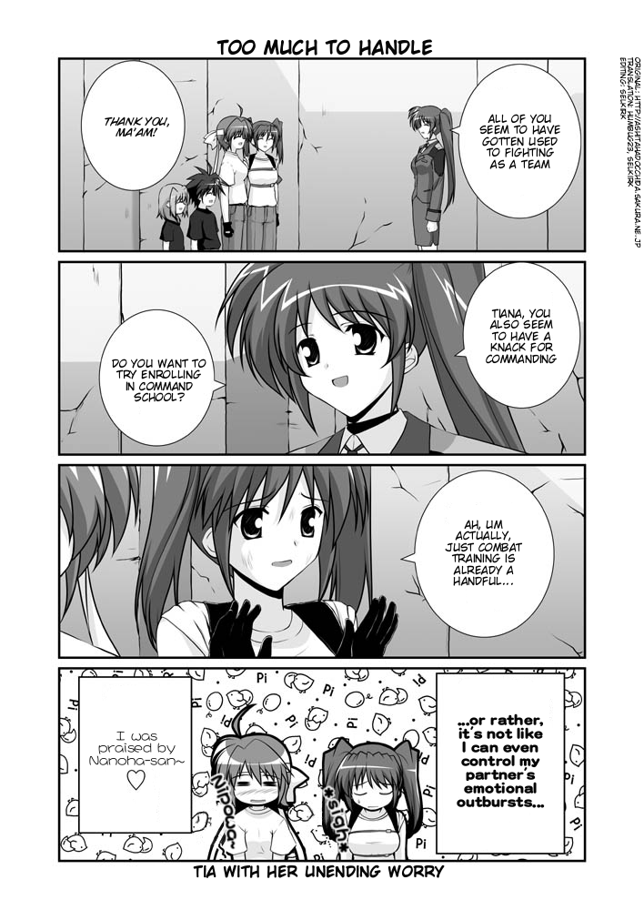 mikage takashi, caro ru lushe, erio mondial, subaru nakajima, takamachi nanoha, teana lanster, lyrical nanoha, mahou shoujo lyrical nanoha, mahou shoujo lyrical nanoha strikers, hard-translated, third-party edit, translated, 00s, 1boy, 4girls, = =, closed eyes, comic, english text, gloves, greyscale, headband, military, military uniform, monochrome, multiple girls, side ponytail, twintails