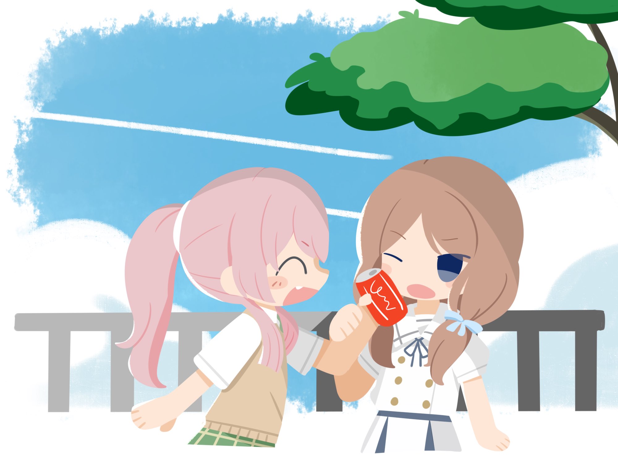 kino (kino01xyz), chihaya anon, nagasaki soyo, bang dream!, bang dream! it's mygo!!!!!, highres, 2girls, blue eyes, brown hair, brown sweater vest, can, closed eyes, dress, fang, haneoka school uniform, holding, holding can, long hair, low twintails, multiple girls, one eye closed, open mouth, pink hair, ponytail, school uniform, short sleeves, summer, sweater vest, tsukinomori school uniform, twintails, white dress