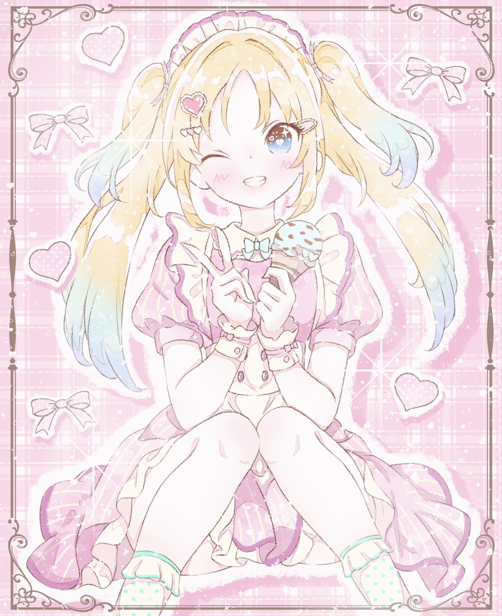 alfaromio, kurosawa ruby, osawa rurino, link! like! love live!, love live!, love live! sunshine!!, commentary, highres, 1girl, ;d, ai scream! (love live!), blonde hair, blue eyes, blue hair, blush, convenient skirt, cosplay, dress, drop shadow, feet out of frame, food, frilled dress, frills, gradient hair, grin, hair ornament, hairclip, heart, heart hair ornament, holding, holding food, holding ice cream, holding ice cream cone, ice cream, ice cream cone, knees together feet apart, kurosawa ruby (cosplay), long hair, looking at viewer, maid, maid headdress, mint chocolate, multicolored hair, one eye closed, open mouth, outline, parted bangs, pink background, pink dress, plaid background, puffy short sleeves, puffy sleeves, short dress, short sleeves, sidelocks, sitting, smile, solo, twintails, v, virtual youtuber, white outline