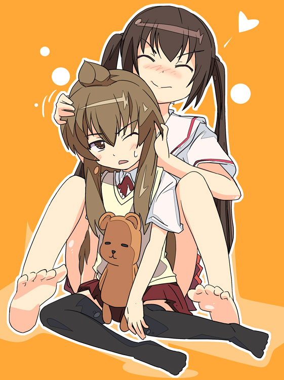 ixy, minami chiaki, minami kana, minami-ke, 00s, ahoge, barefoot, brown eyes, brown hair, closed eyes, feet, school uniform, serafuku, soles, stuffed animal, stuffed toy, thighhighs, toes