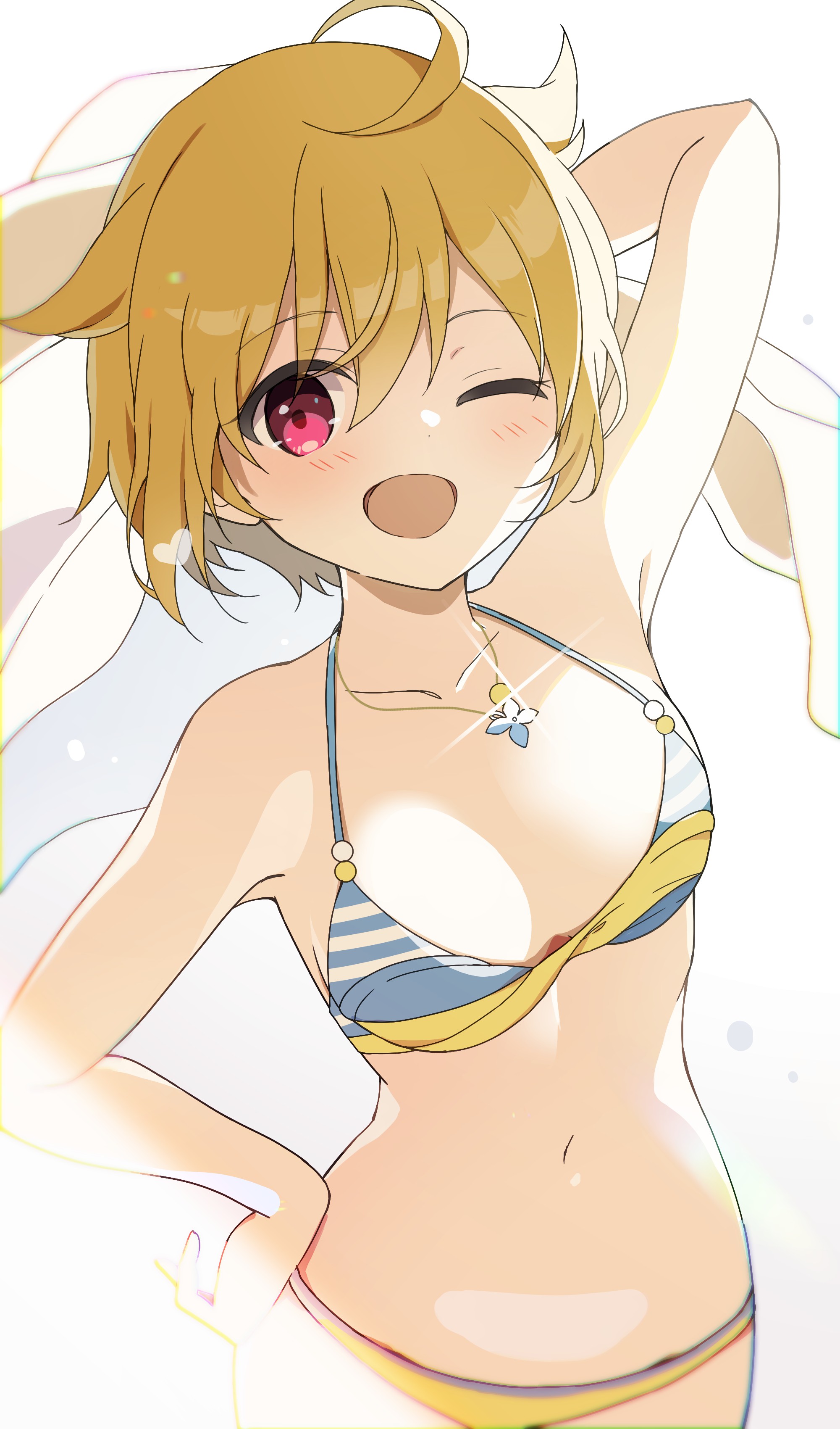 mochigome (ununquadium), ibuki tsubasa, idolmaster, idolmaster million live!, absurdres, highres, 1girl, ;d, ahoge, arm up, armpits, bikini, blonde hair, breasts, flower, hair flower, hair ornament, halterneck, heart, jewelry, looking at viewer, medium breasts, mismatched bikini, navel, necklace, one eye closed, open mouth, red eyes, short hair, smile, solo, stomach, swimsuit