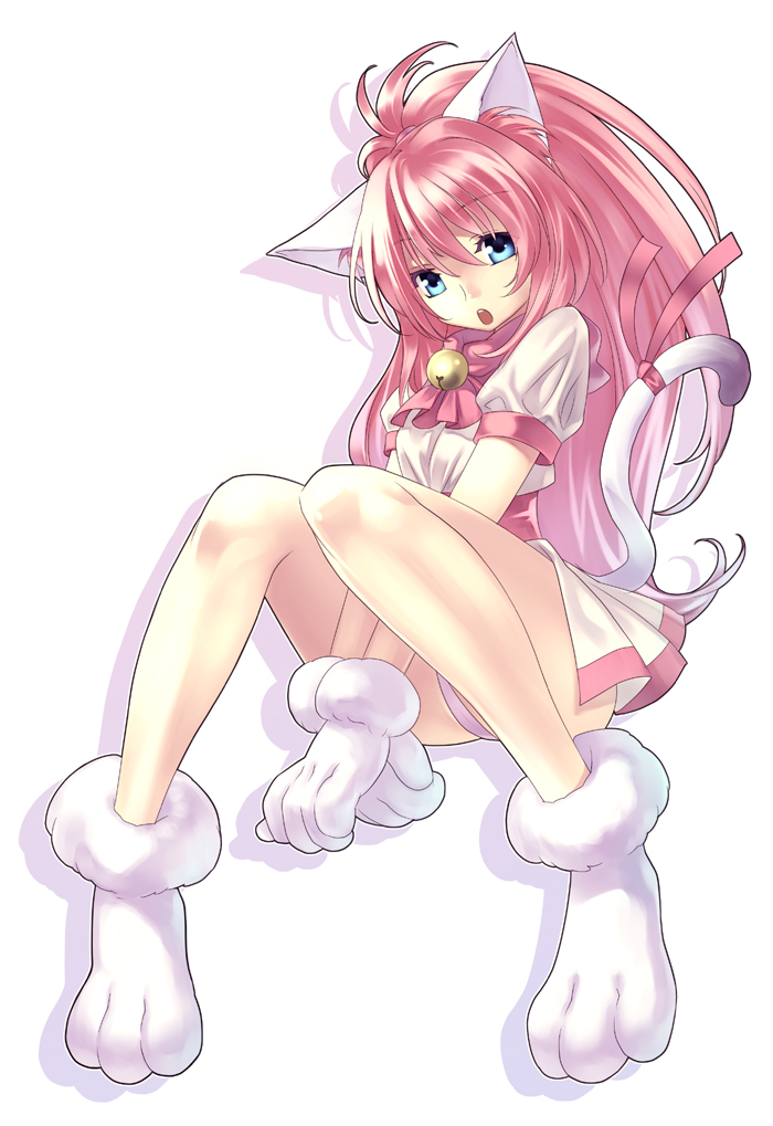 hirano katsuyuki, melody sinclair, yuukyuu gensoukyoku, :o, animal ears, animal hands, bell, blue eyes, cat ears, cat tail, full body, gloves, high ponytail, looking at viewer, paw gloves, paw shoes, pink hair, ponytail, ribbon, sitting, solo, tail, tail ornament, tail ribbon, v arms, wide ponytail