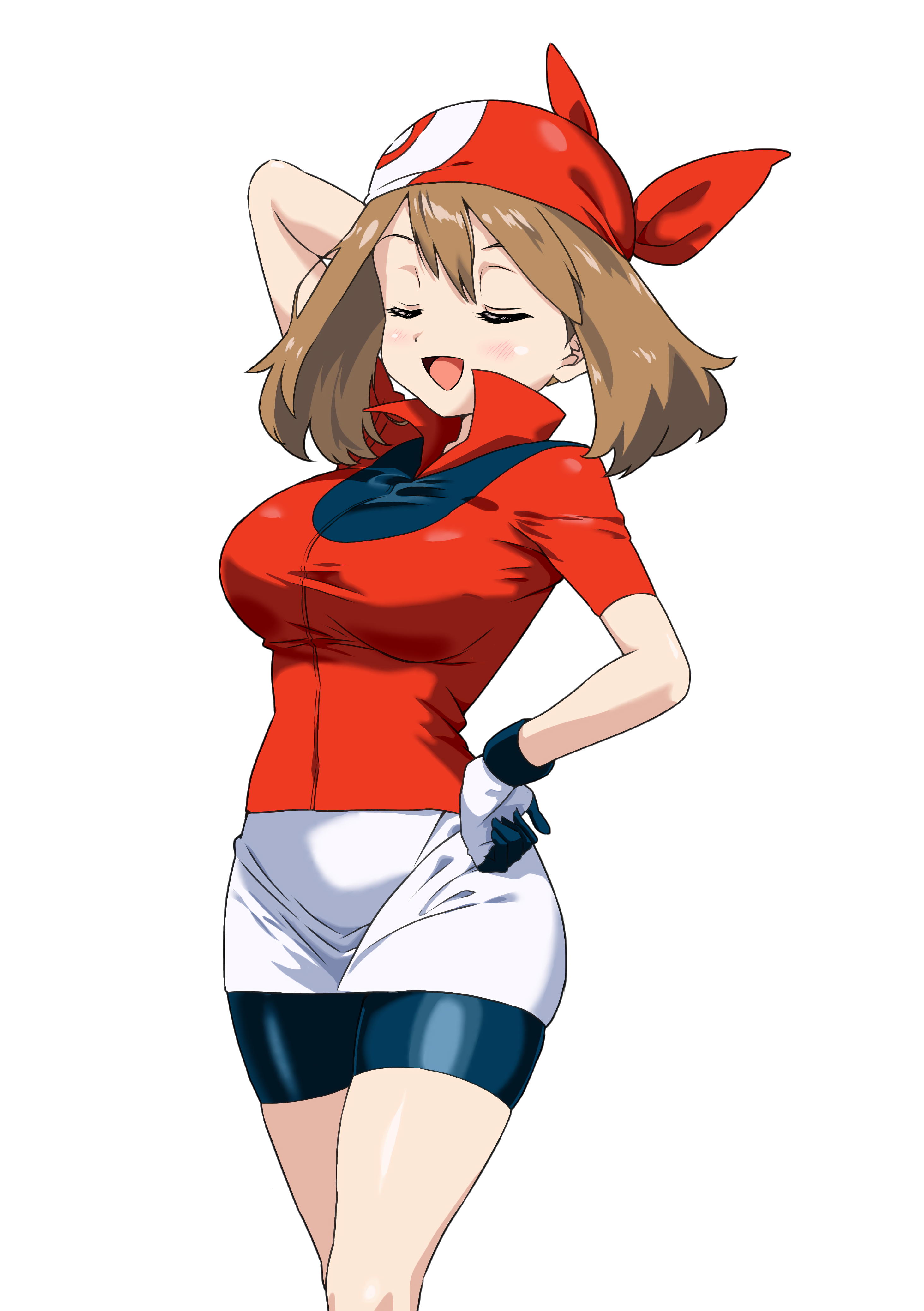 nattou (pixiv111452963), may (pokemon), nintendo, pokemon, pokemon (anime), absurdres, highres, 1girl, bandana, bike shorts, breasts, brown hair, closed eyes, gloves, large breasts, open mouth, shorts, simple background, smile, solo, white background