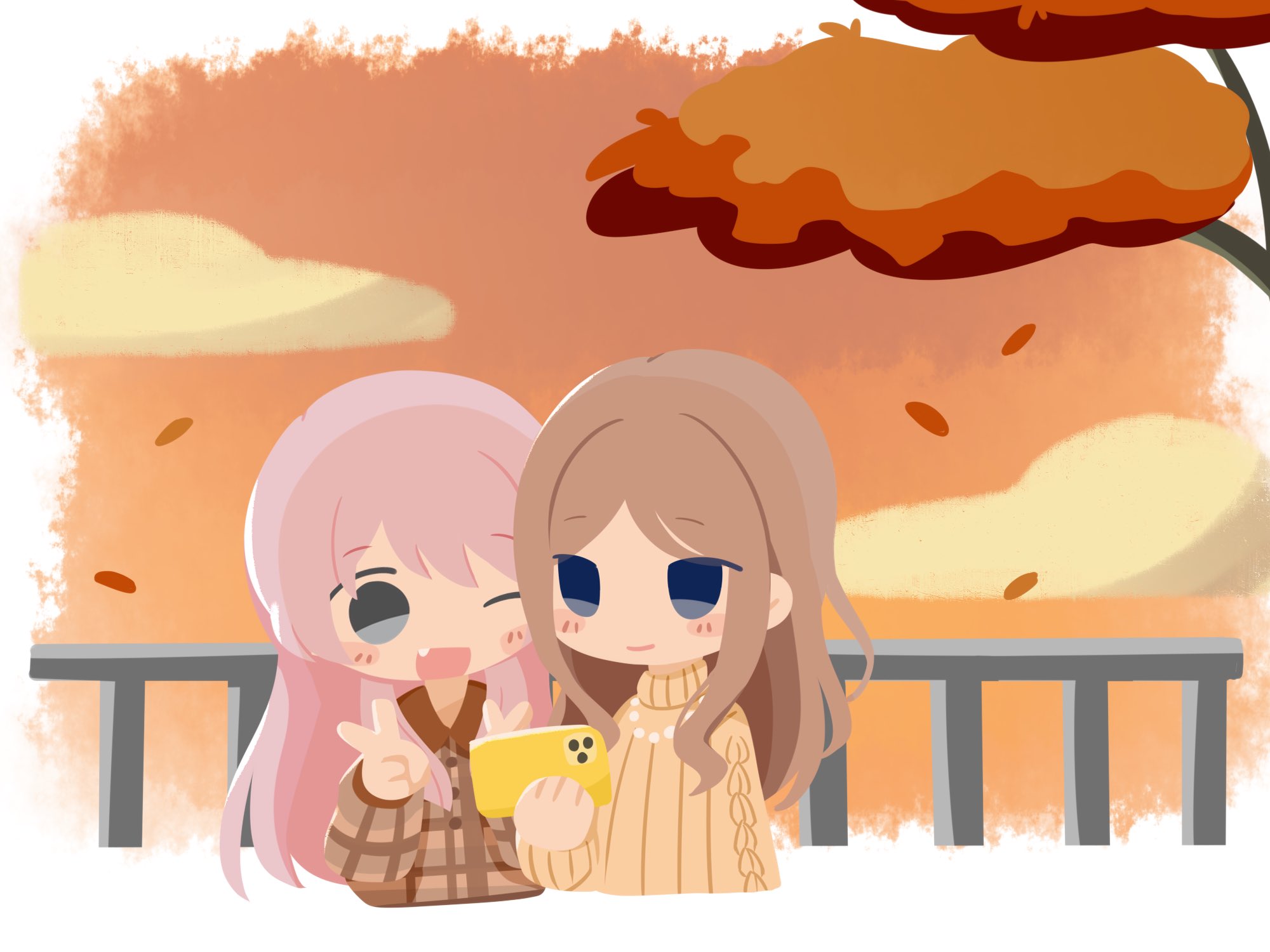 kino (kino01xyz), chihaya anon, nagasaki soyo, bang dream!, bang dream! it's mygo!!!!!, highres, 2girls, autumn, bead necklace, beads, blue eyes, brown hair, brown jacket, brown sweater, cellphone, double v, falling leaves, fang, grey eyes, holding, holding phone, jacket, jewelry, leaf, long hair, multiple girls, necklace, one eye closed, phone, pink hair, selfie, sidelocks, smartphone, sweater, v