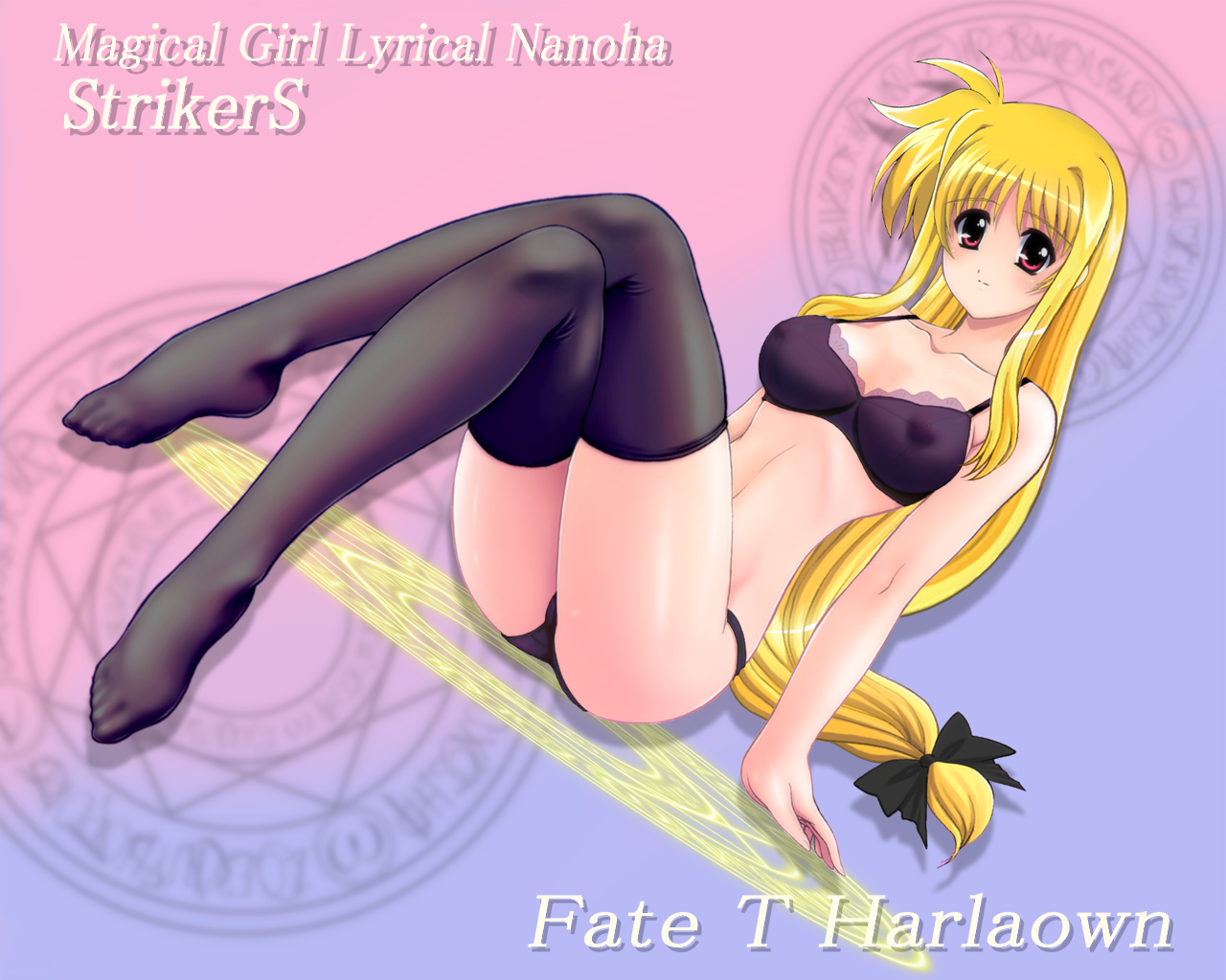 kamogawa tanuki, fate testarossa, lyrical nanoha, mahou shoujo lyrical nanoha, mahou shoujo lyrical nanoha strikers, 00s, 1girl, blonde hair, blush, bra, breasts, character name, copyright name, crossed legs, feet, female focus, lingerie, long hair, low-tied long hair, magic circle, medium breasts, nipples, octagram, panties, red eyes, see-through clothes, sitting, solo, thighhighs, underwear, underwear only, very long hair