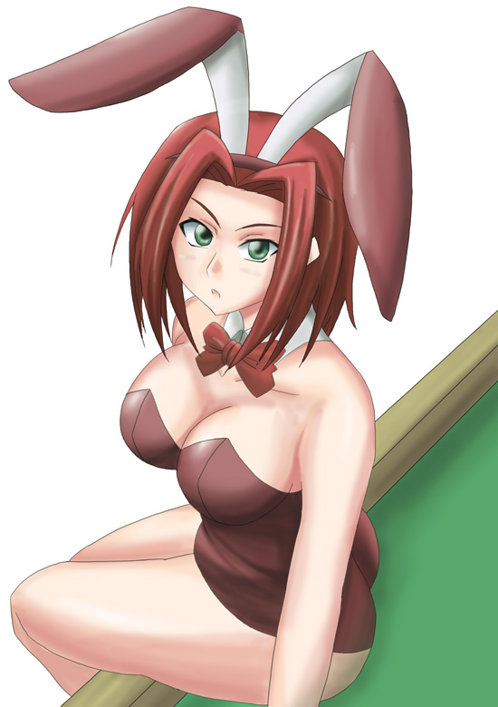 kouzuki kallen, code geass, 00s, animal ears, bare legs, fake animal ears, leotard, playboy bunny, rabbit ears, red hair, short hair, solo