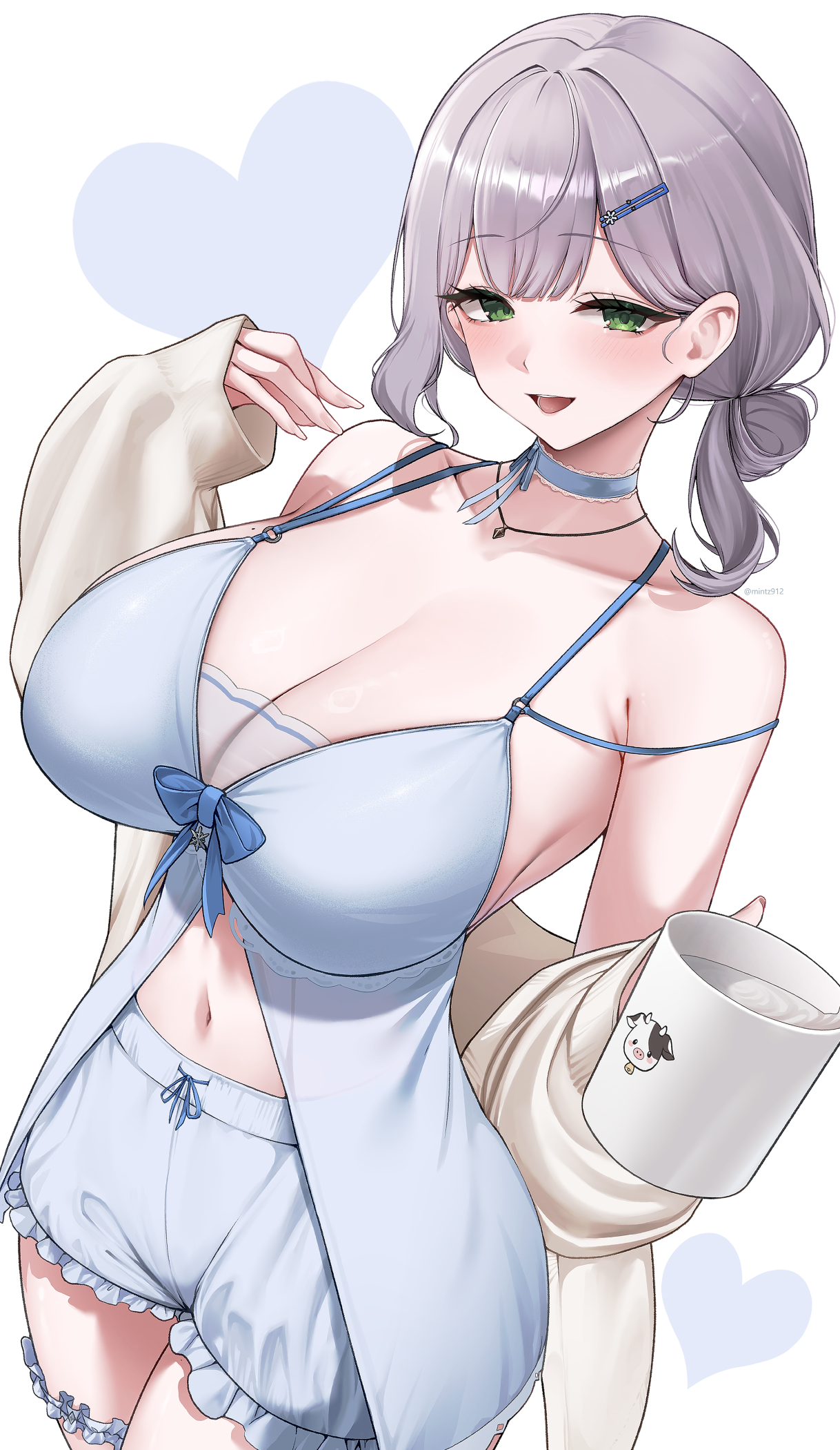 mintz912, shirogane noel, shirogane noel (9th costume), hololive, highres, 1girl, babydoll, bloomers, blue babydoll, blue bloomers, blue choker, blush, breasts, cardigan, cardigan partially removed, choker, cleavage, cup, frilled thigh strap, green eyes, grey hair, heart, holding, holding cup, huge breasts, jewelry, looking at viewer, milk, mug, navel, necklace, official alternate costume, single sidelock, sleepwear, smile, solo, thigh strap, underwear, virtual youtuber, white background, white cardigan