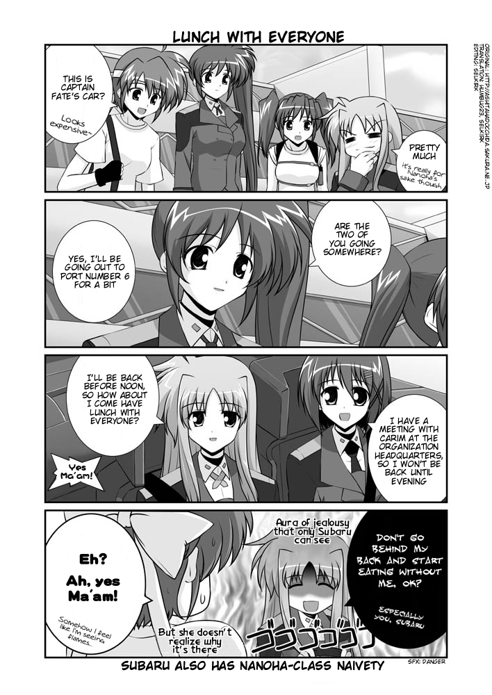 mikage takashi, caro ru lushe, erio mondial, fate testarossa, subaru nakajima, takamachi nanoha, teana lanster, lyrical nanoha, mahou shoujo lyrical nanoha, mahou shoujo lyrical nanoha strikers, hard-translated, third-party edit, translated, 00s, 4girls, = =, aura, car, closed eyes, comic, english text, fingerless gloves, gloves, greyscale, hair ornament, hand on own chin, headband, military, military uniform, monochrome, motor vehicle, multiple girls, seatbelt, side ponytail, twintails, x hair ornament