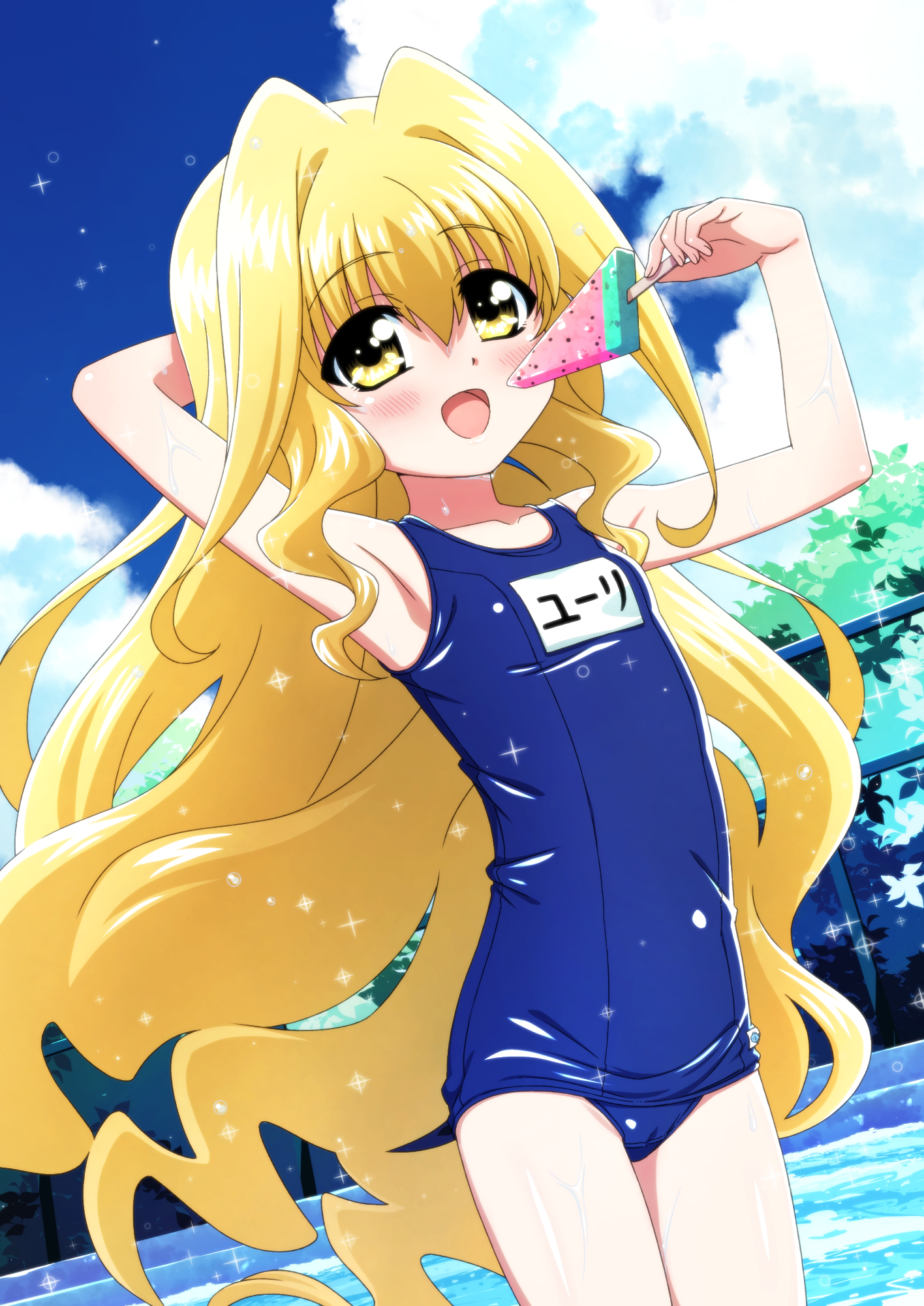 miyajima hitoshi, yuri eberwein, lyrical nanoha, mahou shoujo lyrical nanoha, highres, 1girl, arm behind head, arm up, armpits, blonde hair, blue one-piece swimsuit, blue sky, blush, breasts, cloud, food, holding, holding food, holding popsicle, long hair, looking at viewer, name tag, one-piece swimsuit, open mouth, outdoors, popsicle, school swimsuit, sky, small breasts, smile, solo, swimsuit, yellow eyes