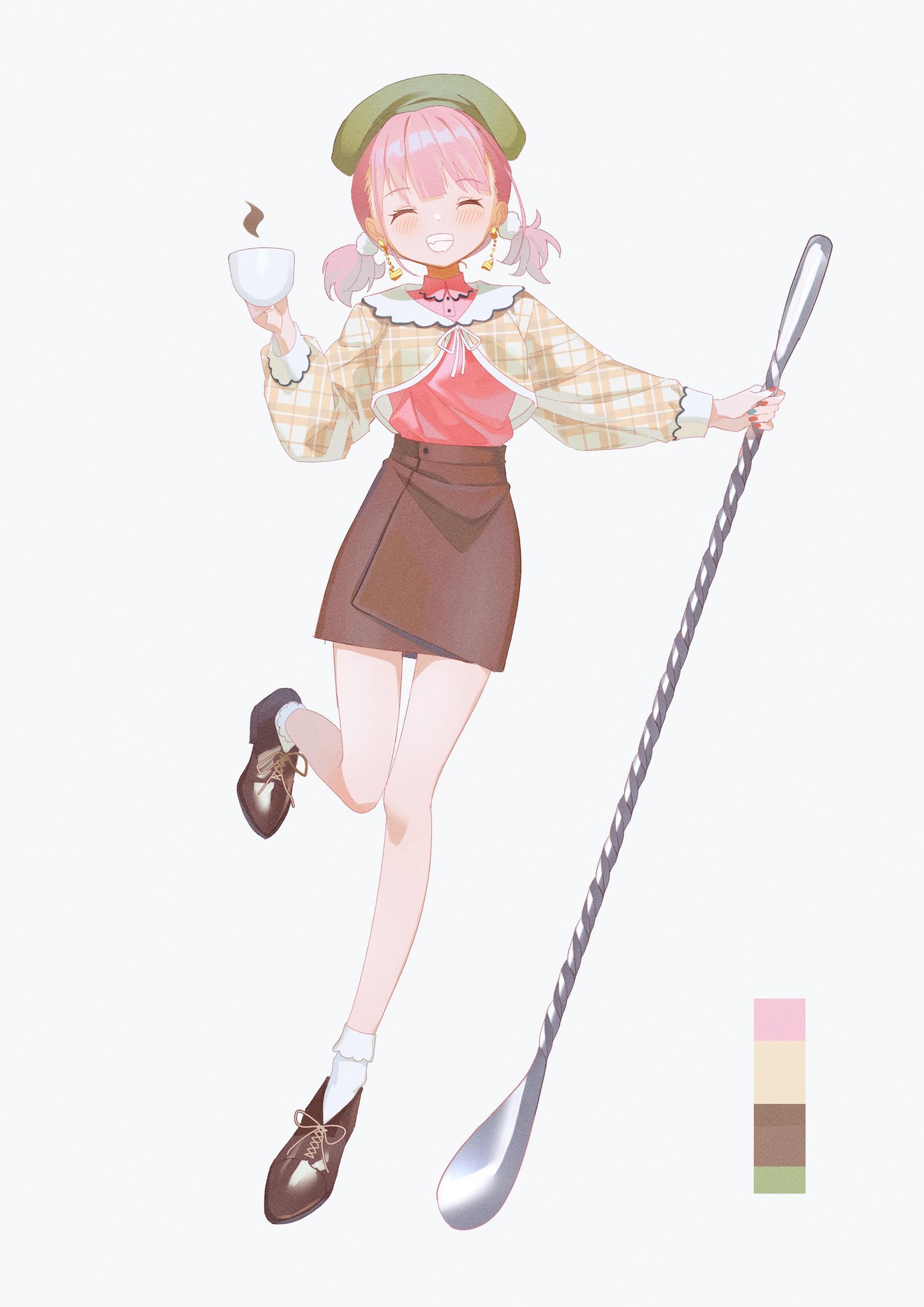 jdge, original, highres, 1girl, ^ ^, beret, blunt bangs, brown skirt, closed eyes, color guide, cup, dot nose, earrings, facing viewer, foot up, full body, grin, hat, holding, holding cup, holding spoon, jacket, jewelry, long sleeves, low twintails, oversized object, pink hair, pink shirt, puffy sleeves, shirt, shirt tucked in, shoes, short twintails, simple background, skirt, smile, socks, solo, spoon, standing, standing on one leg, teacup, twintails, white background, white socks