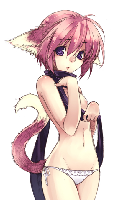 hirano katsuyuki, animal ears, cat ears, cat tail, panties, purple eyes, scarf, side-tie panties, solo, tail, topless female, underwear