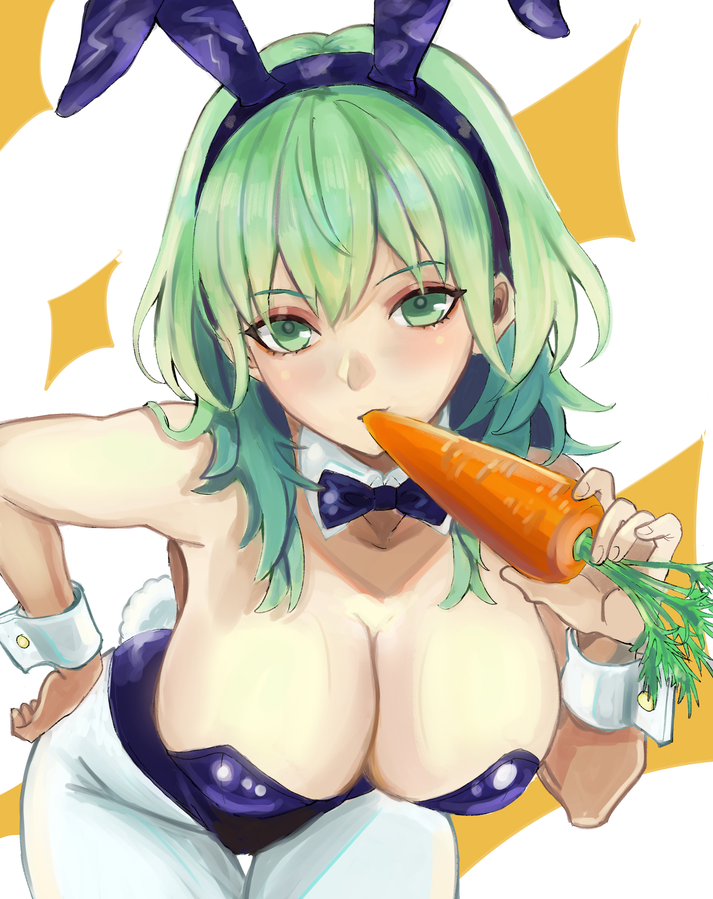 female byleth (enlightened) (fire emblem), female byleth (fire emblem), fire emblem, fire emblem: three houses, nintendo, absurdres, highres, 1girl, alternate costume, alternate hair color, animal ears, armpits, bent over, black bow, black bowtie, black leotard, blush, bow, bowtie, breasts, carrot, cleavage, detached collar, eating, fake animal ears, green eyes, green hair, hair between eyes, hand on own hip, holding, holding carrot, large breasts, leotard, long hair, looking at viewer, medium hair, pantyhose, playboy bunny, rabbit ears, rabbit tail, rino han, simple background, solo, tail, white pantyhose, white wrist cuffs, wrist cuffs