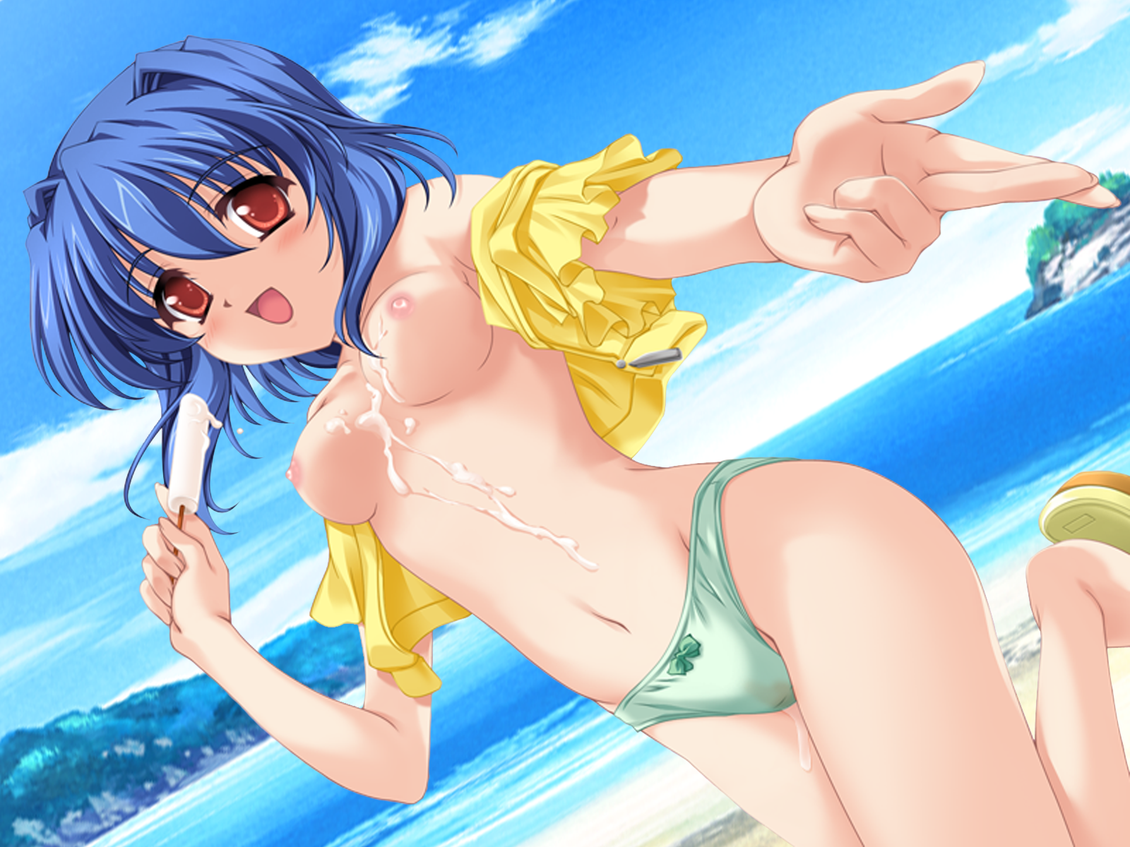 akino takehiko, mizuiro, highres, 00s, 1girl, blue hair, breasts, female focus, food, medium breasts, no bra, open clothes, open shirt, panties, popsicle, red eyes, shirt, solo, underwear