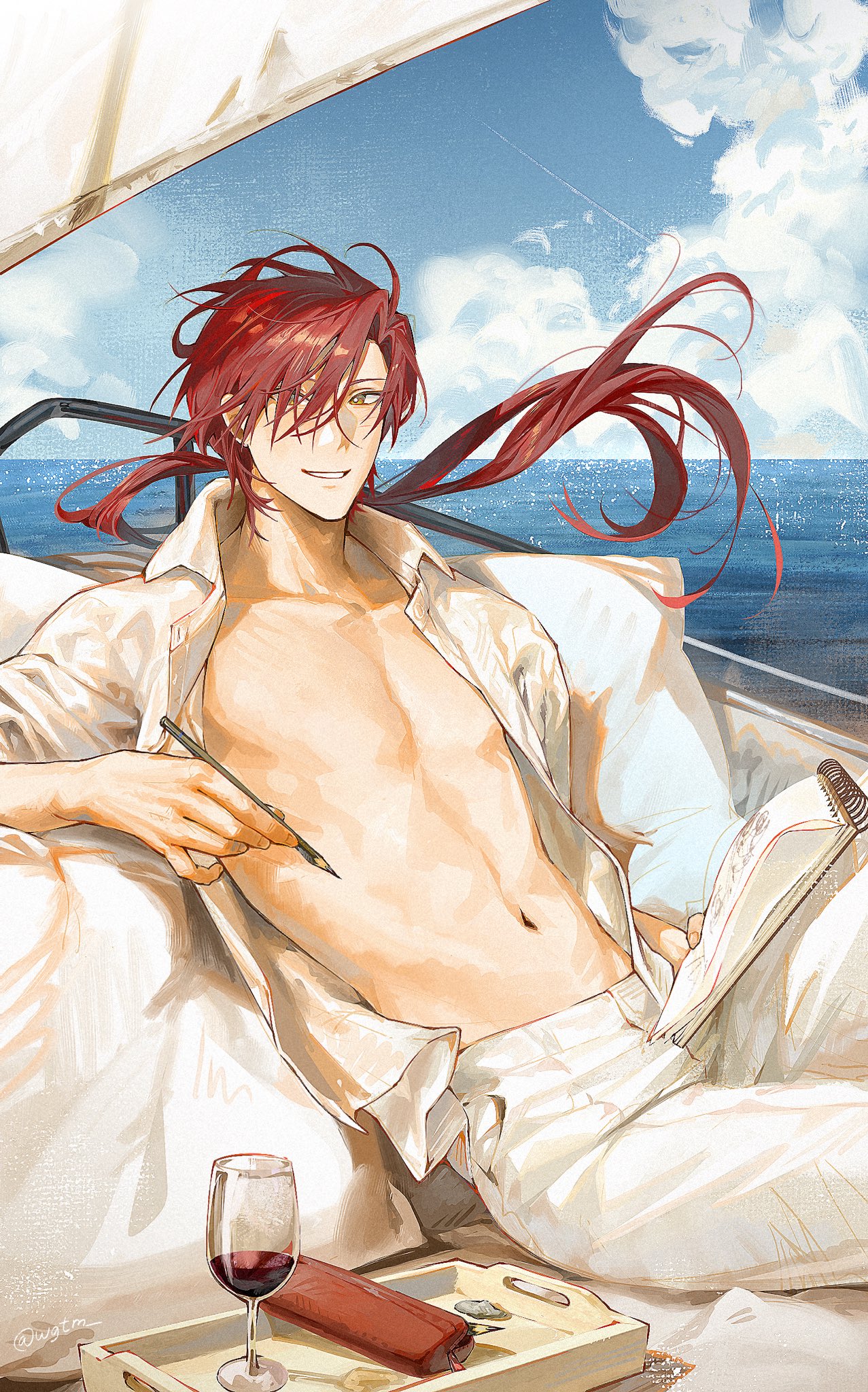 unholymilk, original, commentary request, highres, 1boy, blue hair, bright pupils, cloud, cloudy sky, collarbone, collared shirt, cowboy shot, cup, drinking glass, hair over one eye, holding, holding notebook, holding pencil, long hair, looking at viewer, male focus, navel, no nipples, notebook, ocean, open clothes, open shirt, outdoors, pants, parted lips, pencil, red hair, shirt, sitting, sky, smile, solo, stomach, thai commentary, twitter username, white pants, white pupils, white shirt, wine glass, yellow eyes