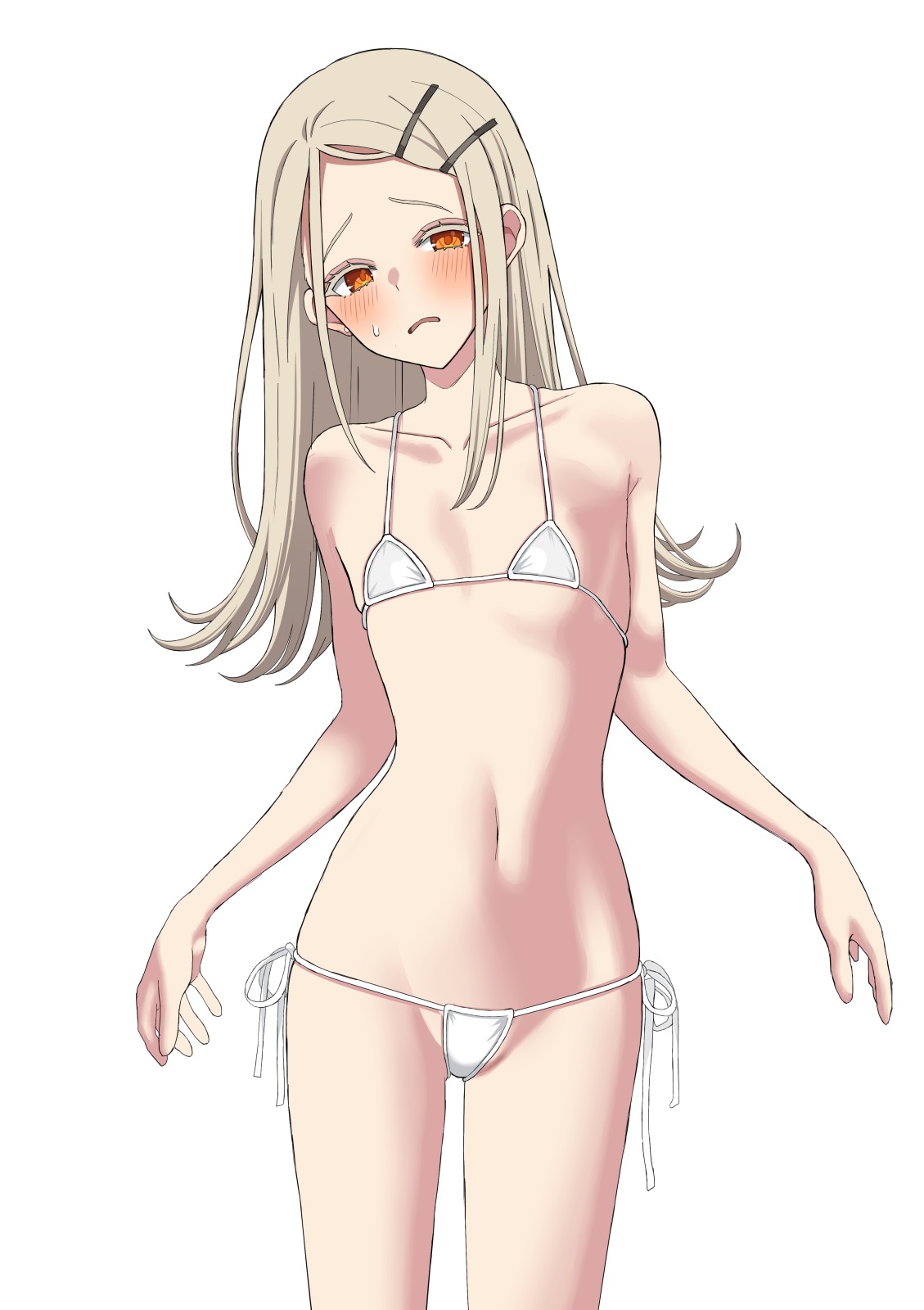 ryou (ryoutarou), shinosawa hiro, gakuen idolmaster, idolmaster, highres, 1girl, alternate costume, bikini, blonde hair, blush, collarbone, colored eyelashes, cowboy shot, flat chest, flipped hair, long hair, looking at viewer, micro bikini, navel, orange eyes, side-tie bikini bottom, solo, string bikini, sweatdrop, swimsuit, thighhighs, thong bikini, white bikini