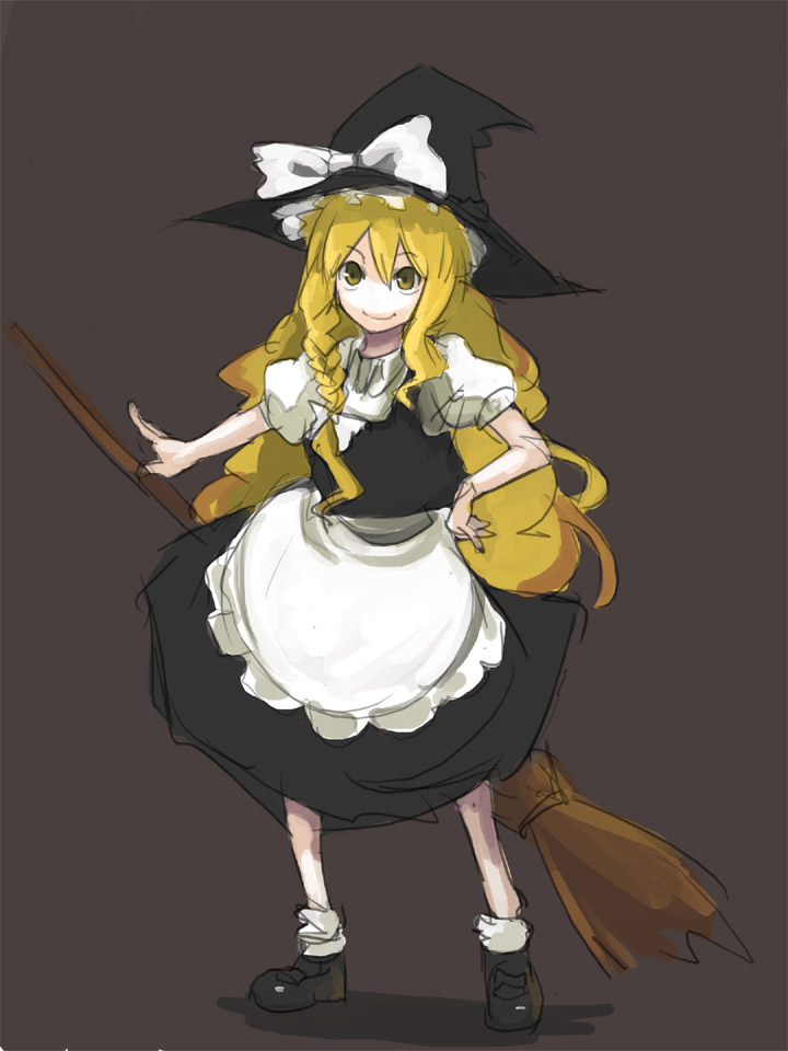 kasa (hitori sanka), kirisame marisa, touhou, 1girl, apron, blonde hair, bow, braid, broom, dress, female focus, hair bow, hand on own hip, hat, hip focus, long hair, no nose, short sleeves, simple background, sketch, smile, solo, standing, witch, witch hat, yellow eyes