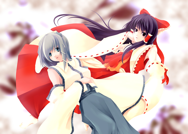enishi midori, hakurei reimu, kochiya sanae, touhou, silver hair, 2girls, ascot, blue eyes, blue skirt, brown eyes, brown hair, detached sleeves, dress, female focus, long hair, long skirt, long sleeves, looking at viewer, multiple girls, nontraditional miko, red dress, ribbon-trimmed sleeves, ribbon trim, short hair, skirt, vest