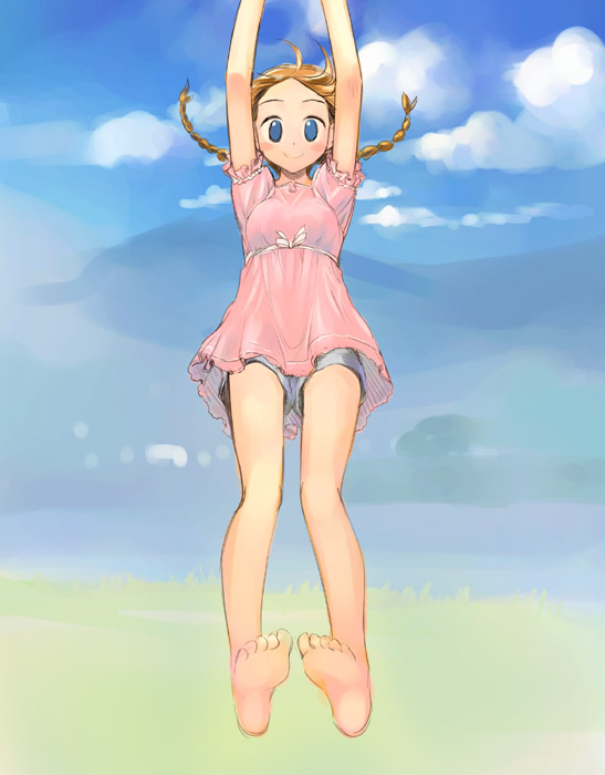 ikeda jun (mizutamari), original, 1girl, barefoot, braid, feet, female focus, field, grass, nature, outdoors, shorts, sky, soles, solo, toes, twin braids