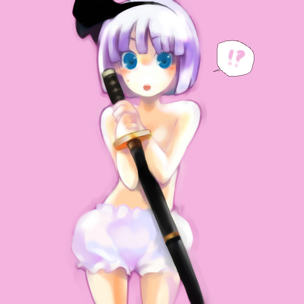yukizen, konpaku youmu, touhou, !?, 1girl, bloomers, female focus, katana, sheath, sheathed, solo, sword, topless female, underwear, weapon, white bloomers