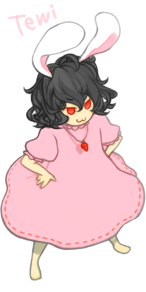 yukizen, inaba tewi, touhou, 1girl, :3, dress, female focus, full body, hands on own hips, red eyes, ribbon-trimmed dress, ribbon trim, simple background, solo, white background