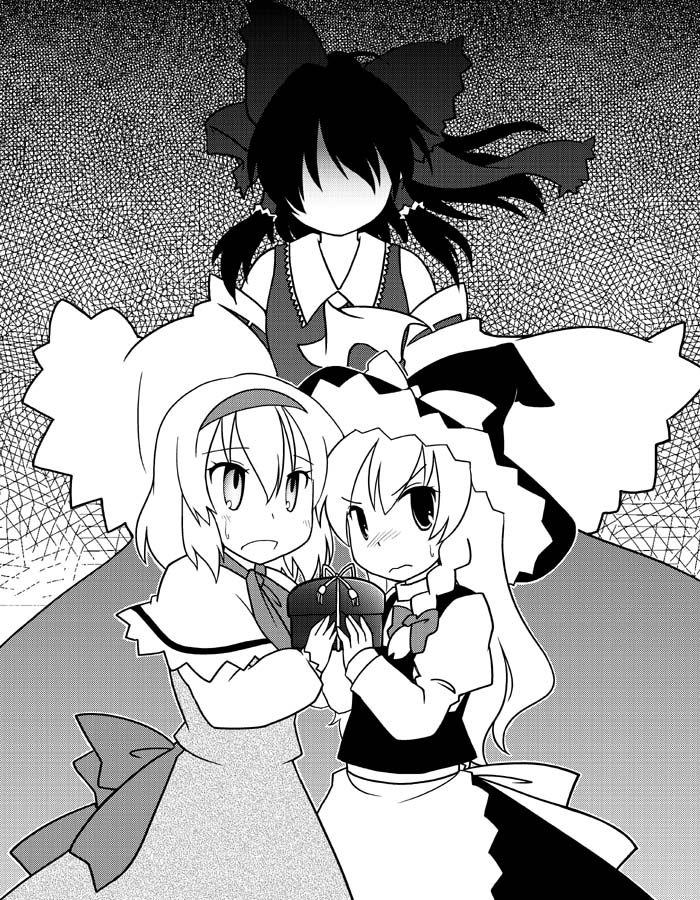 shaomin, alice margatroid, hakurei reimu, kirisame marisa, touhou, 3girls, :d, apron, bow, braid, dress, faceless, faceless female, female focus, grey background, greyscale, hair bow, hat, holding, long hair, looking at viewer, monochrome, multiple girls, open mouth, short hair, simple background, single braid, smile, very long hair, waist apron, witch hat, yuri