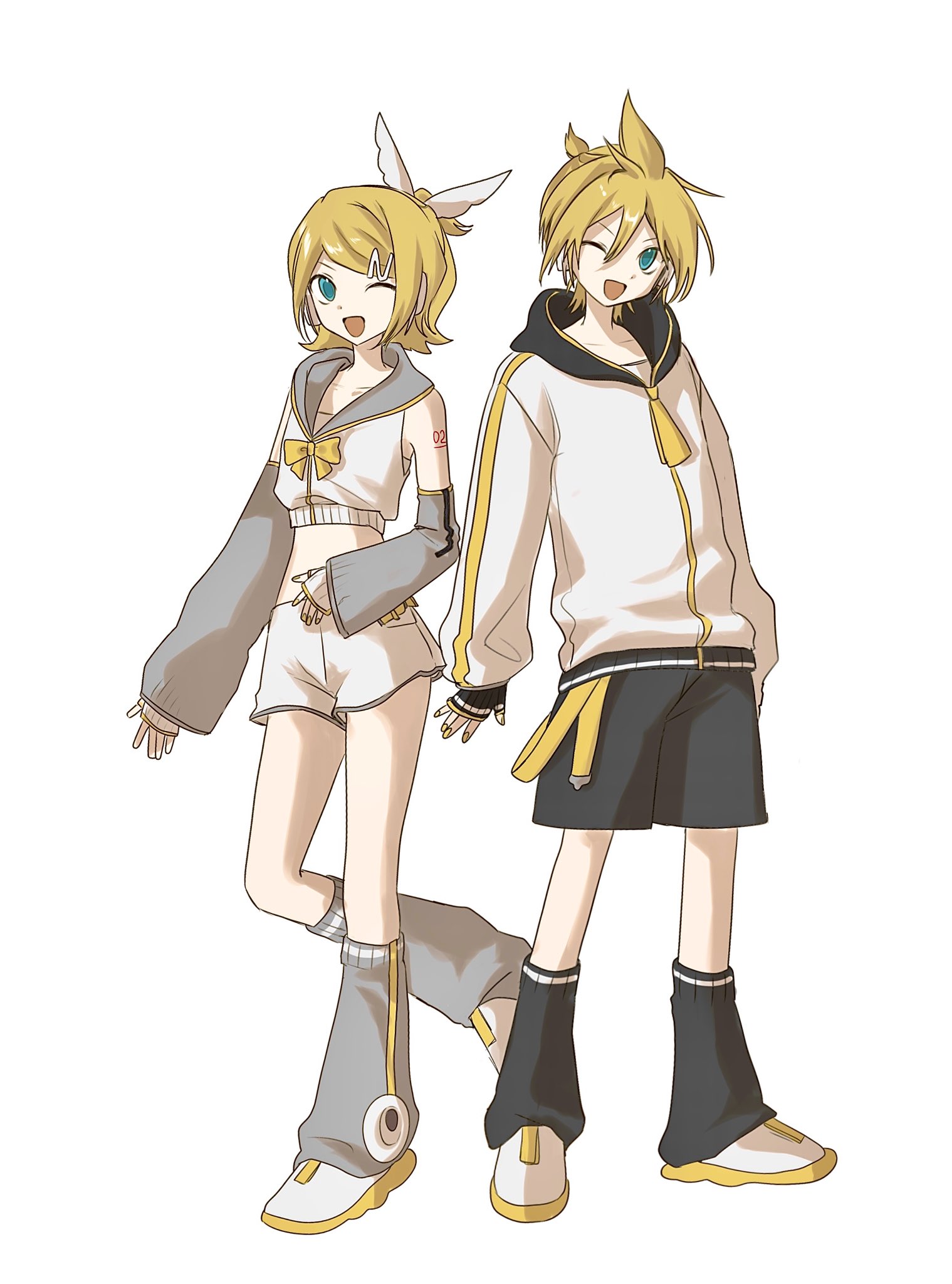 kagamine len, kagamine rin, piapro studio, vocaloid, highres, 1boy, 1girl, ;d, aqua eyes, arm warmers, bare shoulders, belt, black sailor collar, black shorts, black sleeves, blonde hair, blue eyes, bow, bowtie, crop top, detached sleeves, full body, grey sailor collar, grey shorts, grey sleeves, hair bow, hair ornament, hairclip, hood, hoodie, jacket, kagamine len (nt), kagamine rin (nt), leg warmers, looking at viewer, midriff, myang ( 0 0 o o ), navel, neckerchief, one eye closed, open mouth, ponytail, sailor collar, shirt, shoes, short hair, short ponytail, short shorts, shorts, shoulder tattoo, sleeveless, sleeveless shirt, smile, spiked hair, standing, swept bangs, tattoo, white background, white bow, white shirt, white shorts, yellow bow, yellow bowtie, yellow nails, yellow neckerchief