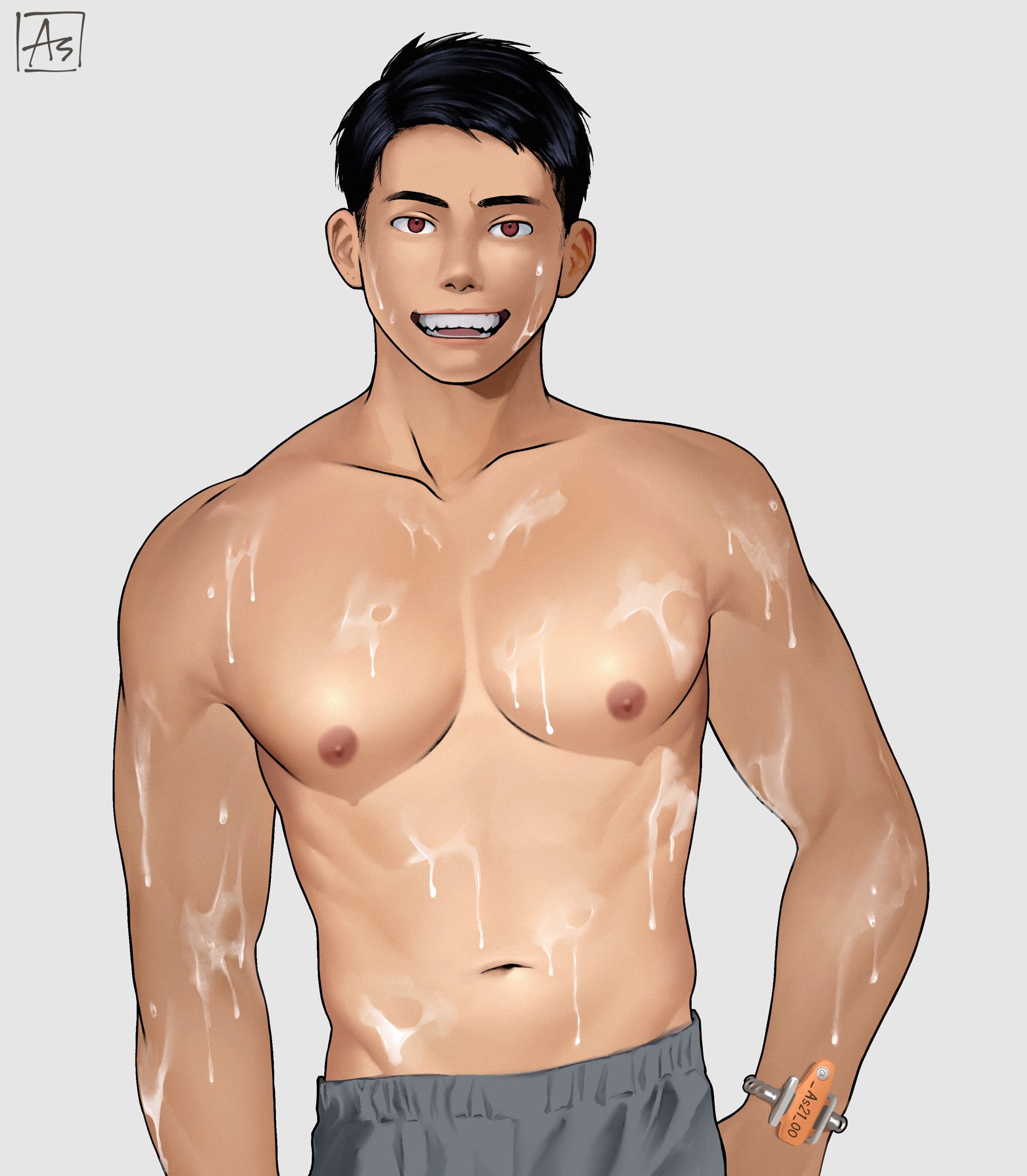 as (as21 00), original, highres, 1boy, artist logo, black hair, bracelet, cum, cum on body, facial, grey pants, jewelry, logo, male focus, navel, nipples, open mouth, pants, red eyes, short hair, simple background