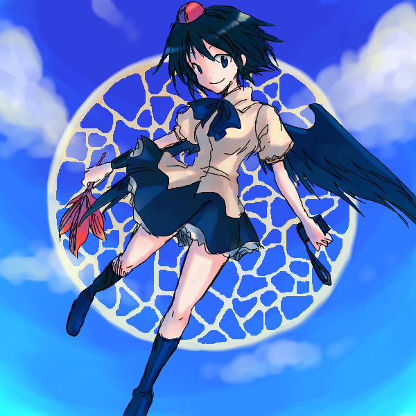 onimaru gonpei, shameimaru aya, touhou, 1girl, black hair, black wings, blue eyes, camera, cloud, day, female focus, hat, looking at viewer, short hair, skirt, sky, smile, solo, wings